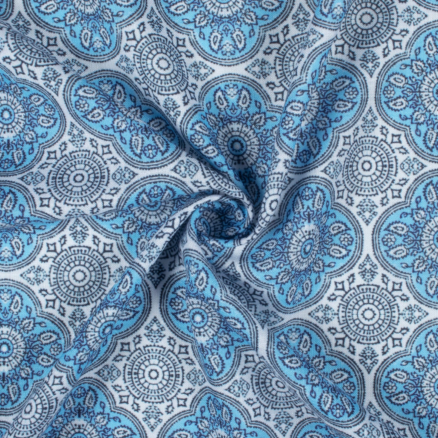 Carolina Blue Traditional Pattern Digital Print Linen Textured Fabric (Width 56 Inches)