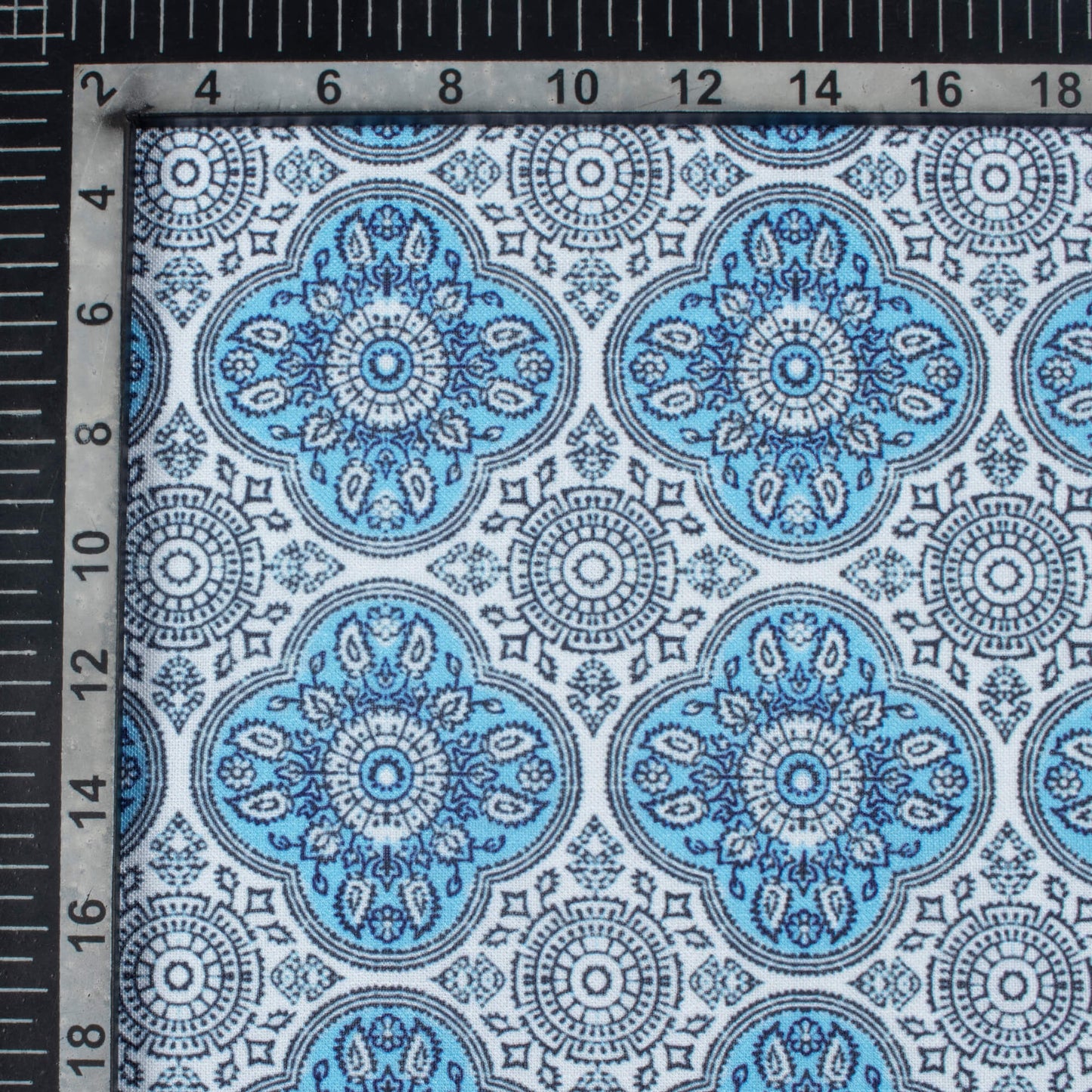 Carolina Blue Traditional Pattern Digital Print Linen Textured Fabric (Width 56 Inches)