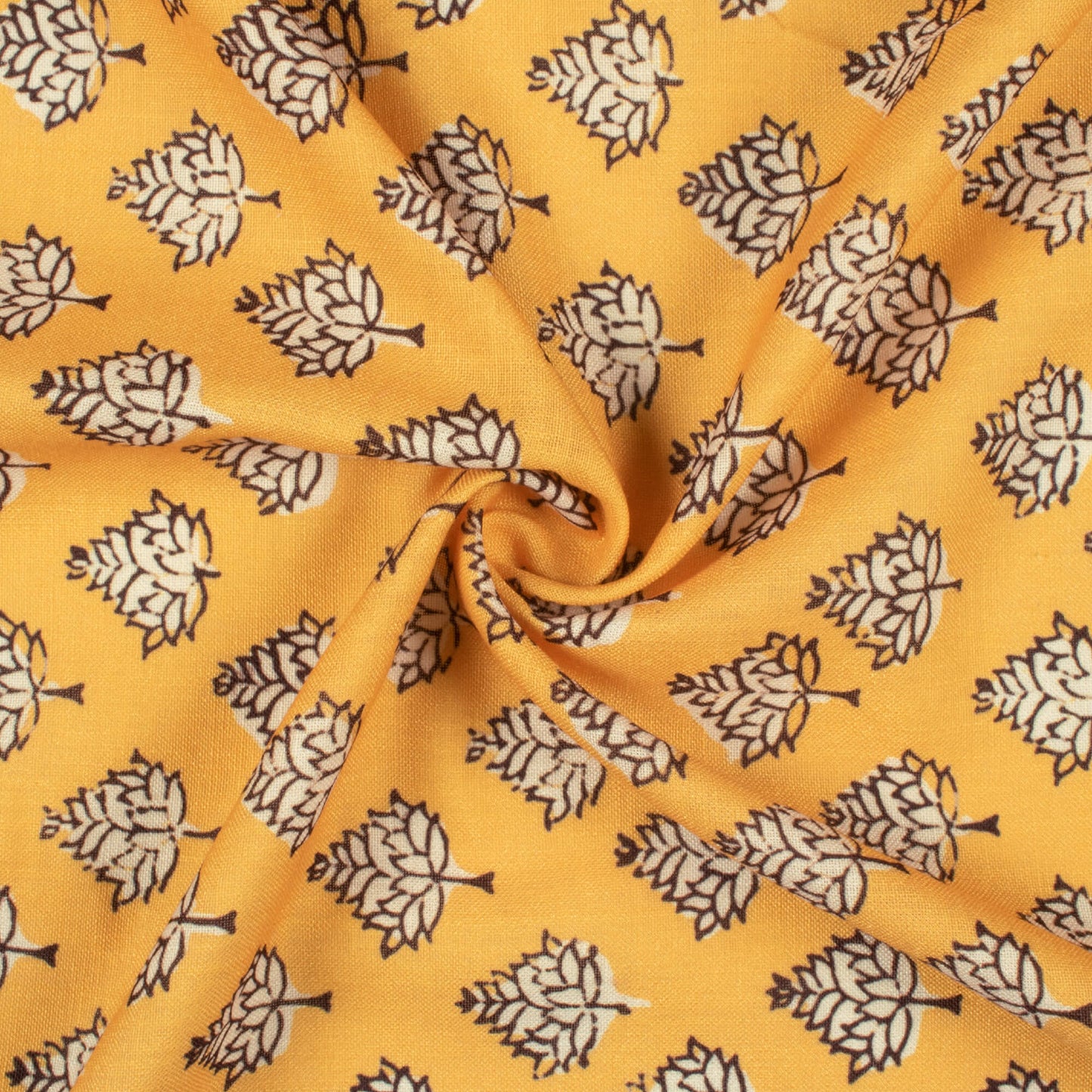 Honey Yellow And Black Floral Pattern Digital Print Linen Textured Fabric (Width 56 Inches)