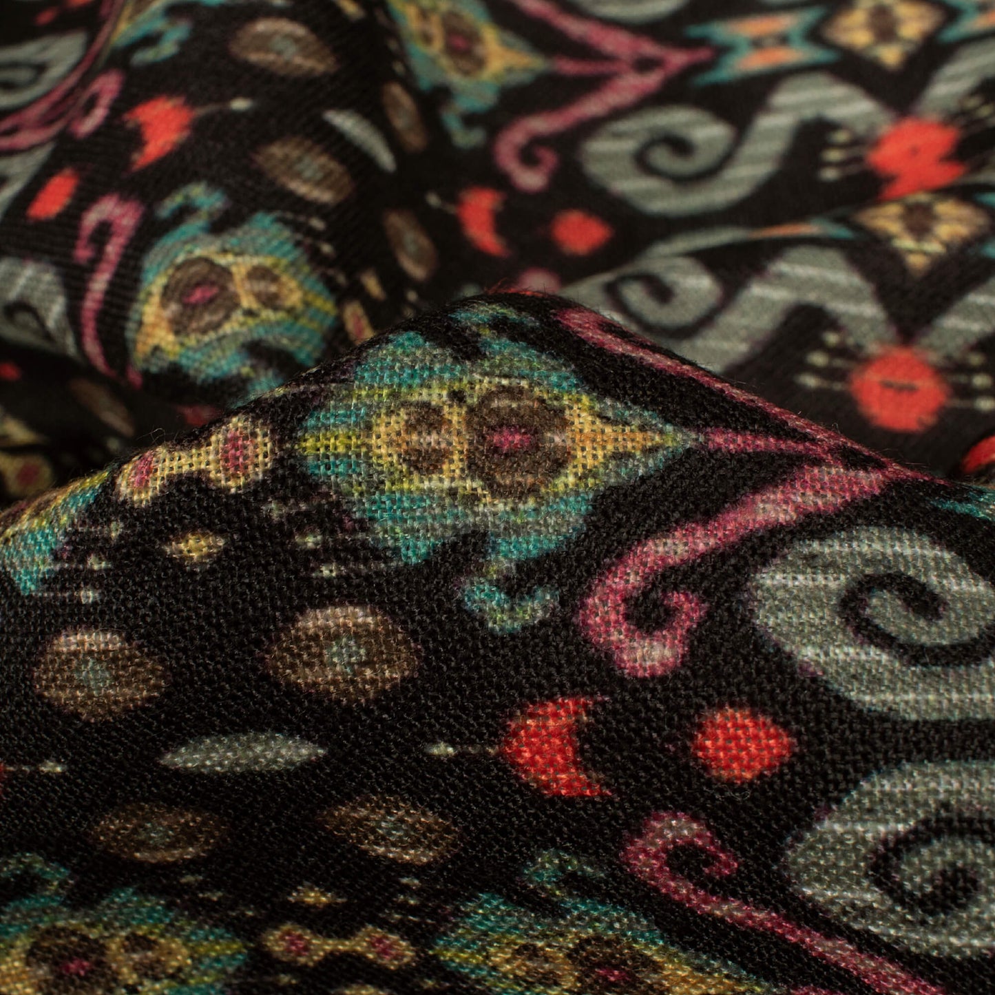 Black And Sage Green Ethnic Pattern Digital Print Linen Textured Fabric (Width 56 Inches)