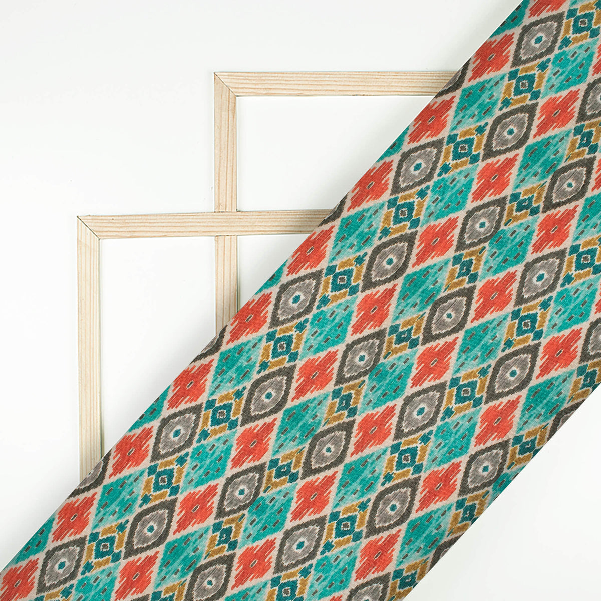 Persian Green And Red Geometric Geometric Pattern Digital Print Linen Textured Fabric (Width 56 Inches)