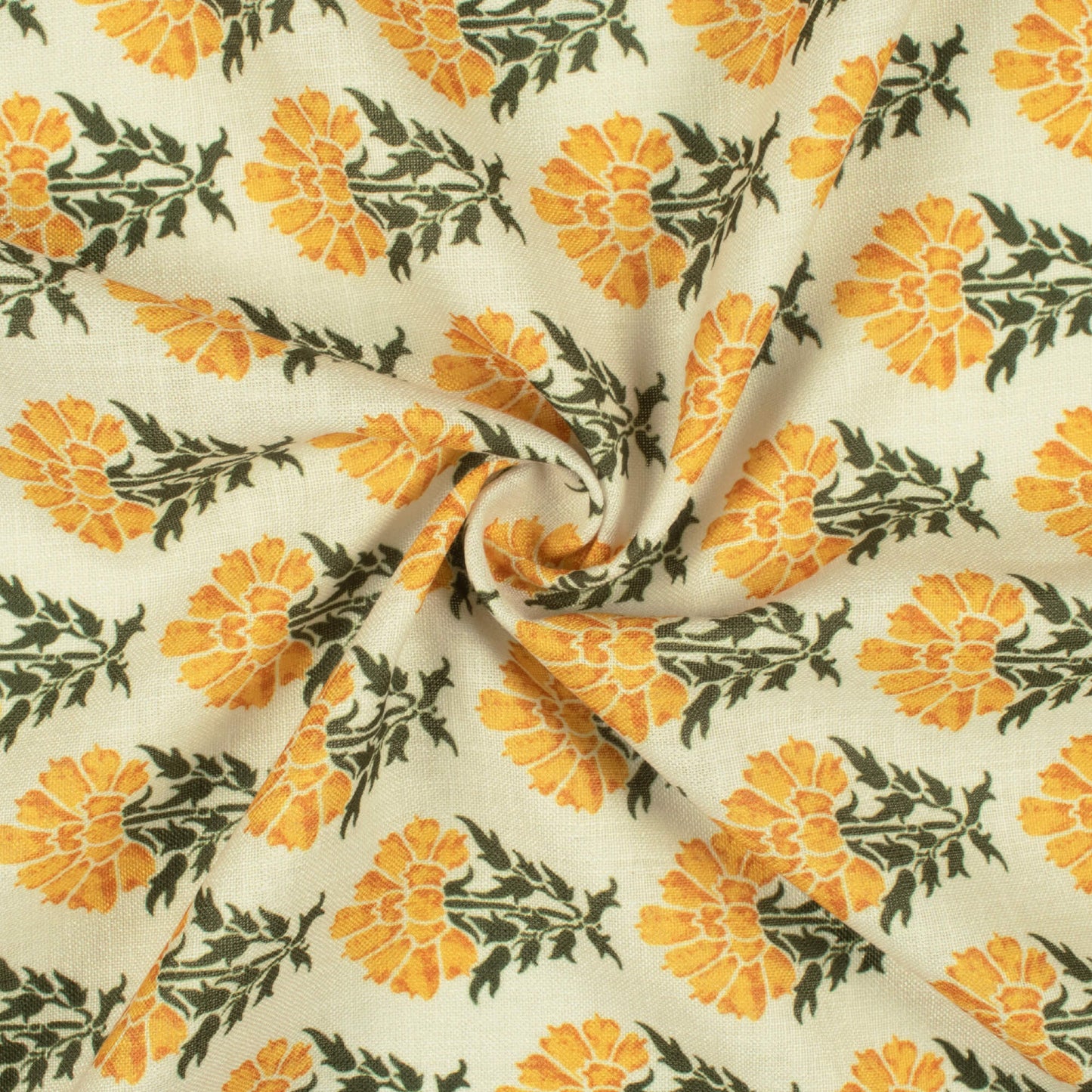 Cream And Mustard Yellow Floral Pattern Digital Print Linen Textured Fabric (Width 56 Inches)