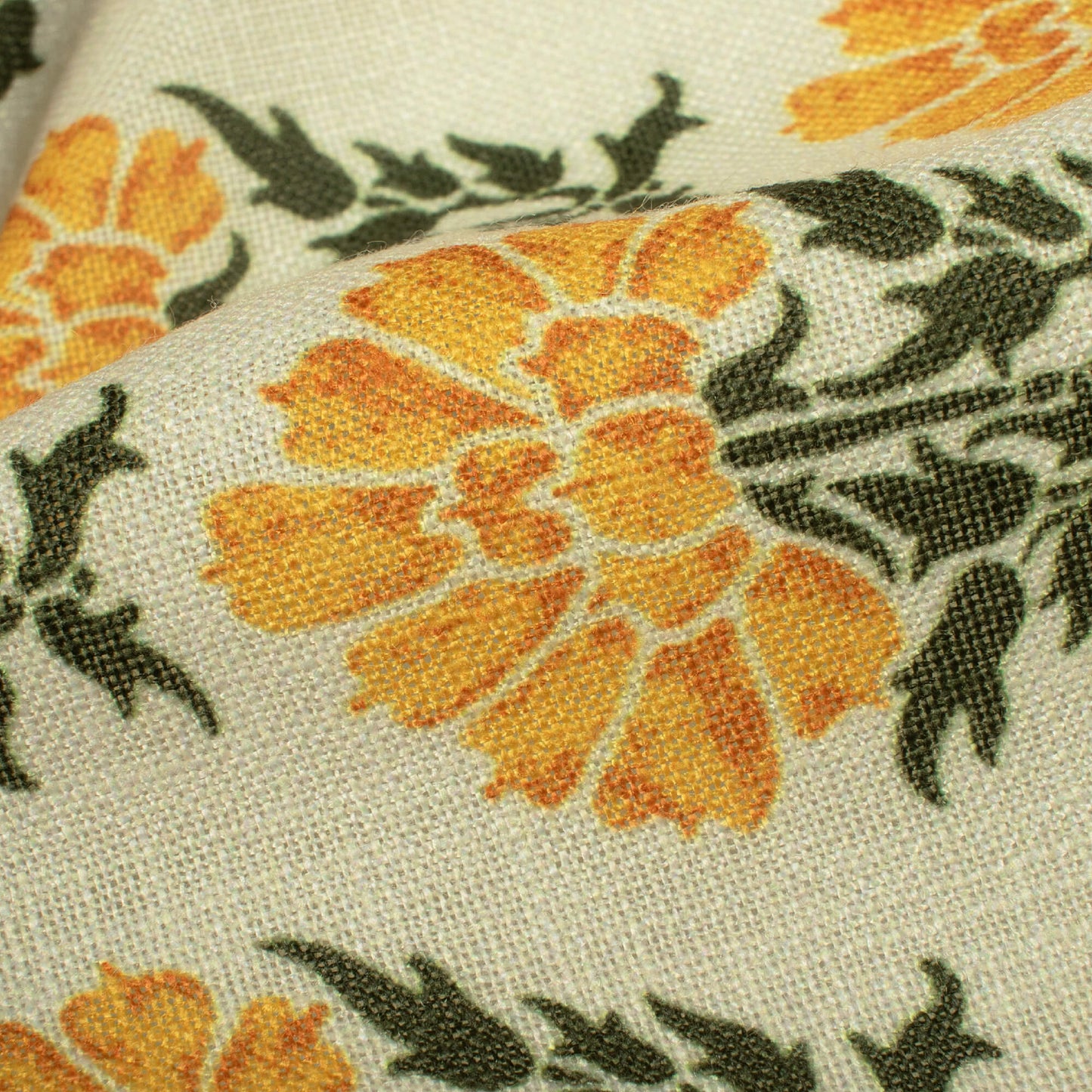 Cream And Mustard Yellow Floral Pattern Digital Print Linen Textured Fabric (Width 56 Inches)