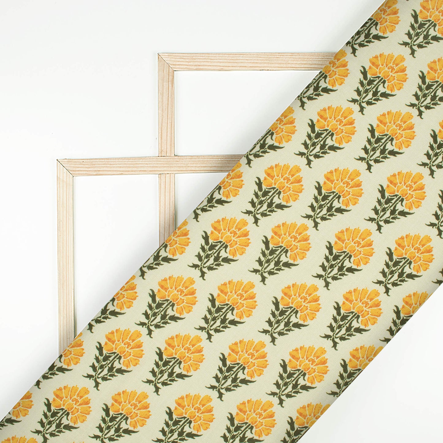 Cream And Mustard Yellow Floral Pattern Digital Print Linen Textured Fabric (Width 56 Inches)