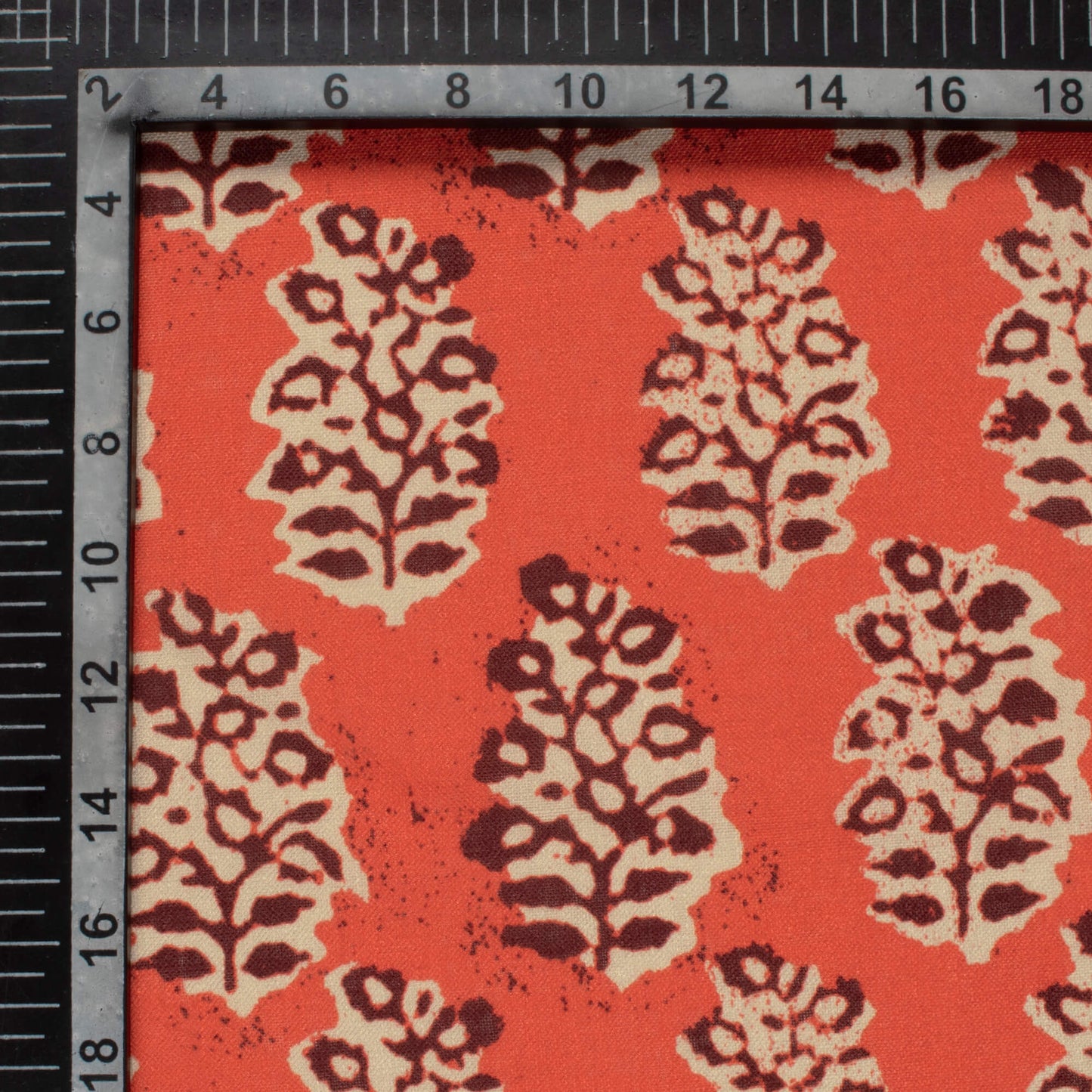 Vermilion Red And Seal Brown Leaf Pattern Digital Print Linen Textured Fabric (Width 56 Inches)