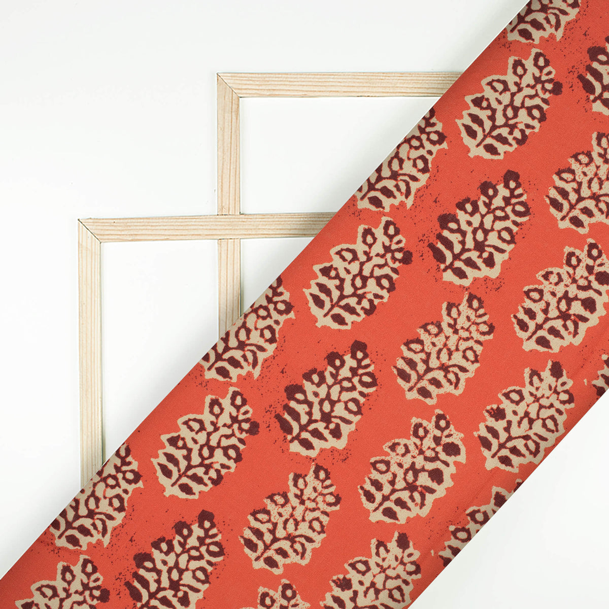 Vermilion Red And Seal Brown Leaf Pattern Digital Print Linen Textured Fabric (Width 56 Inches)