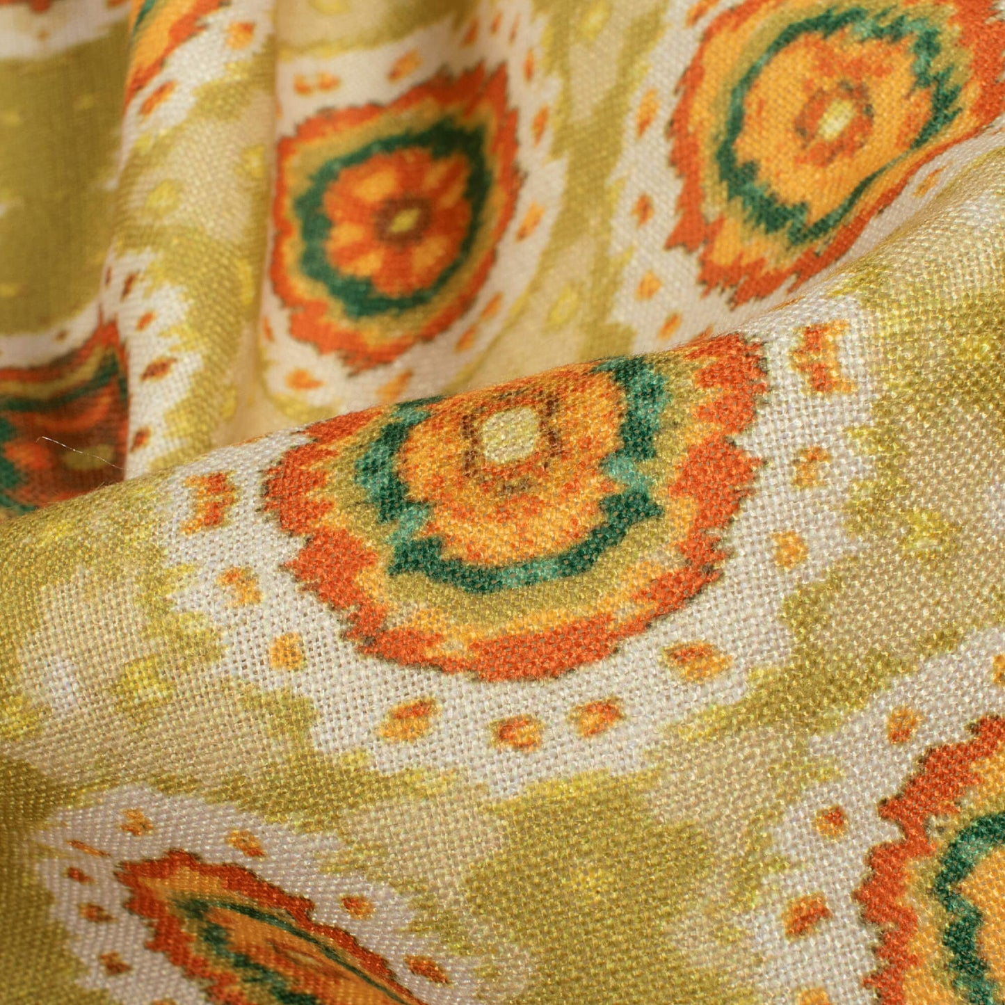 Pear Green And Burnt Orange Geometric Pattern Digital Print Linen Textured Fabric (Width 56 Inches)