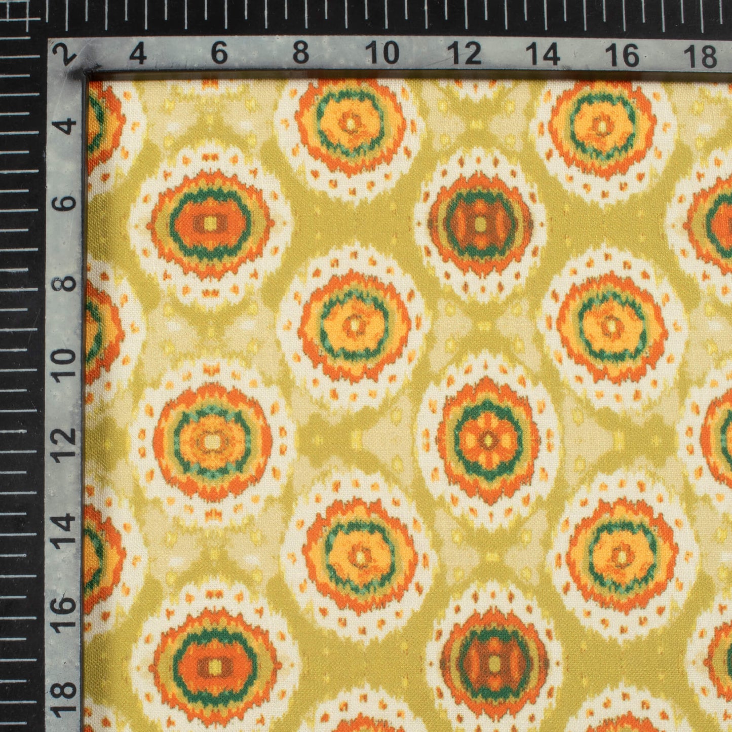 Pear Green And Burnt Orange Geometric Pattern Digital Print Linen Textured Fabric (Width 56 Inches)