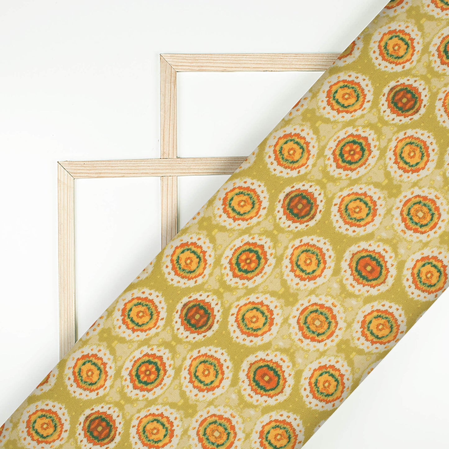 Pear Green And Burnt Orange Geometric Pattern Digital Print Linen Textured Fabric (Width 56 Inches)