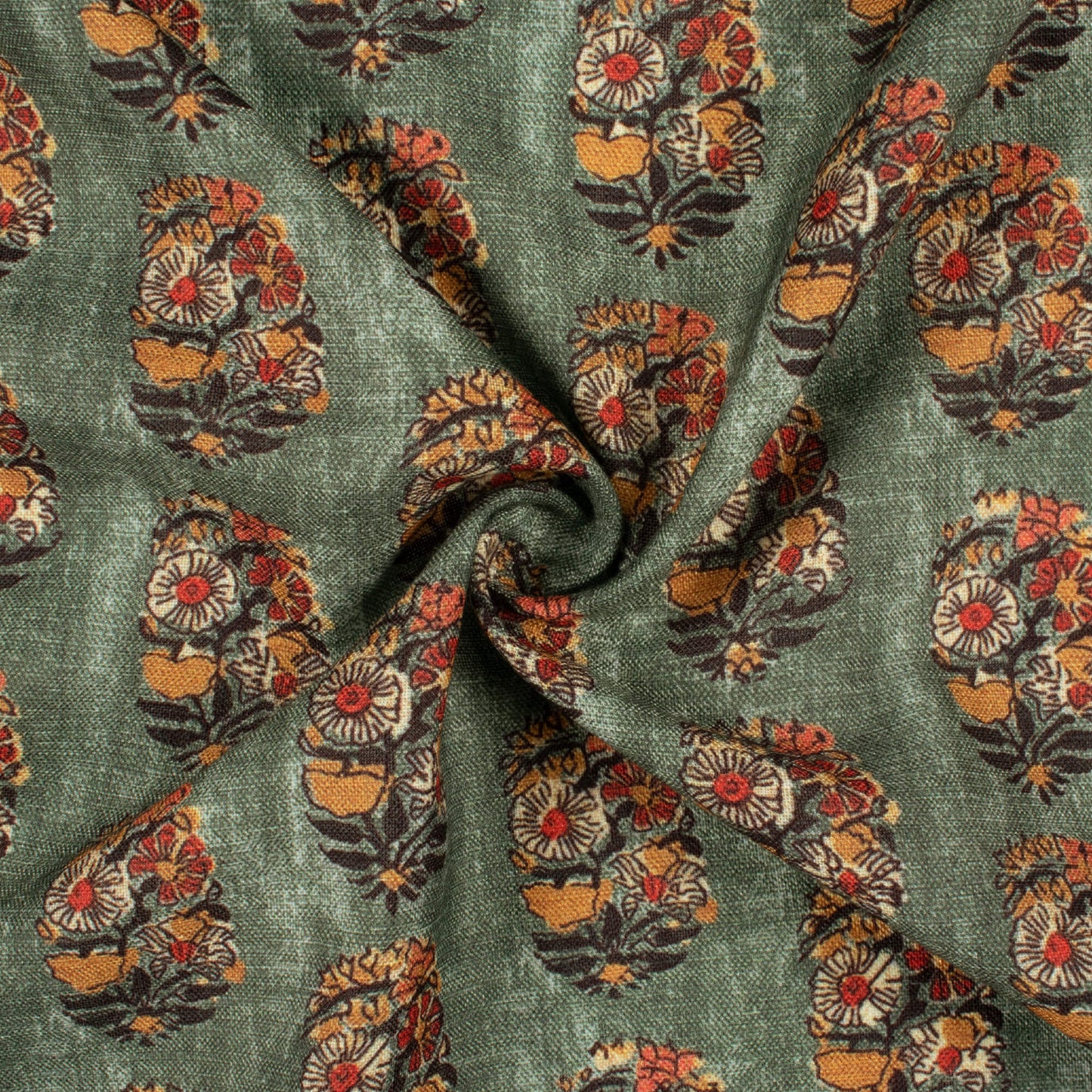 Basil Green And Ochre Orange Floral Pattern Digital Print Linen Textured Fabric (Width 56 Inches)