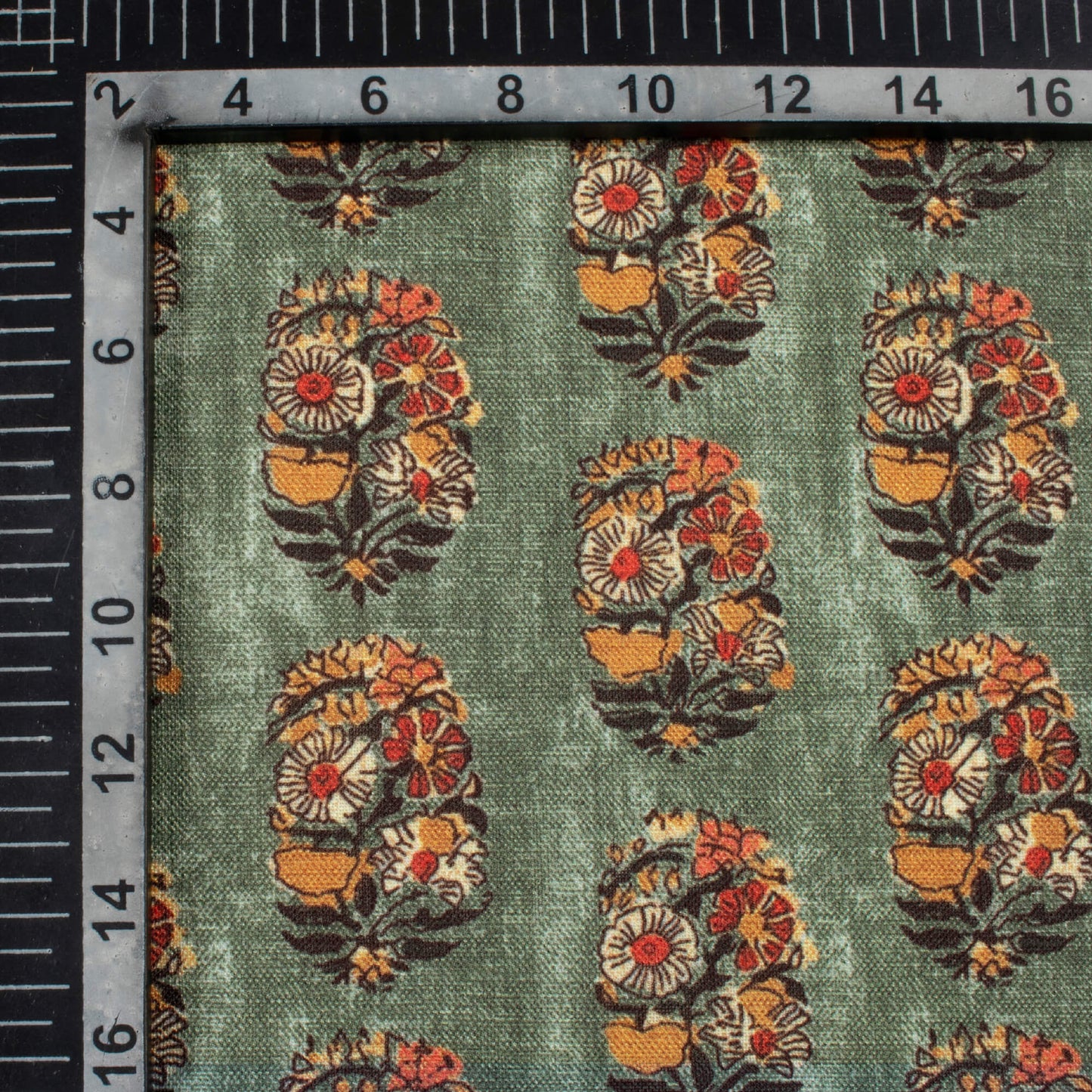 Basil Green And Ochre Orange Floral Pattern Digital Print Linen Textured Fabric (Width 56 Inches)