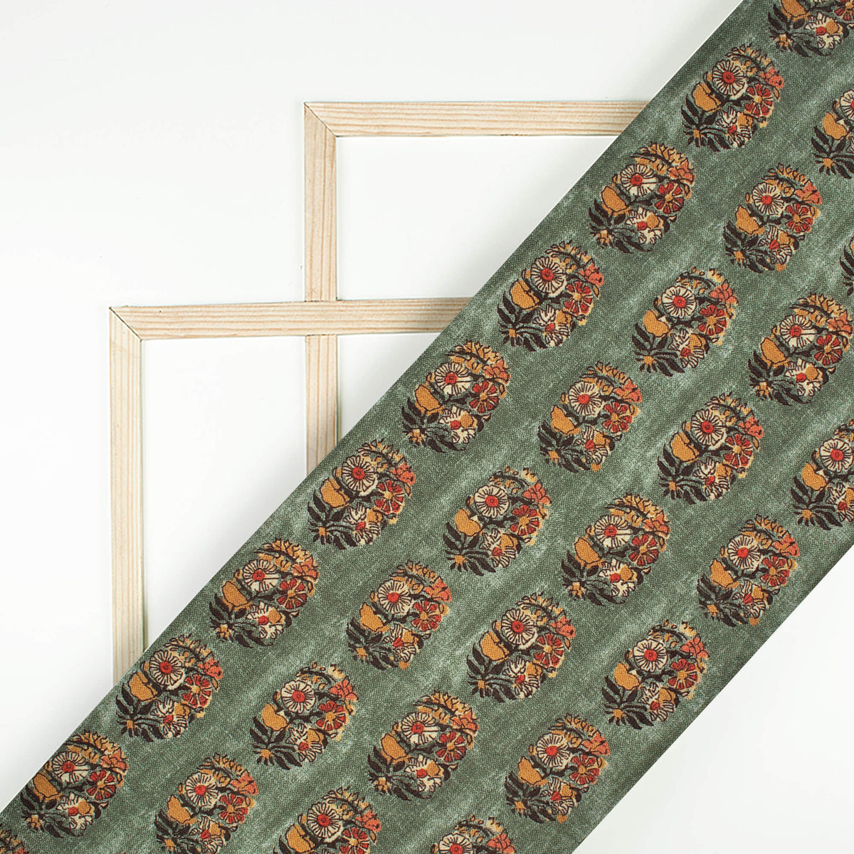 Basil Green And Ochre Orange Floral Pattern Digital Print Linen Textured Fabric (Width 56 Inches)