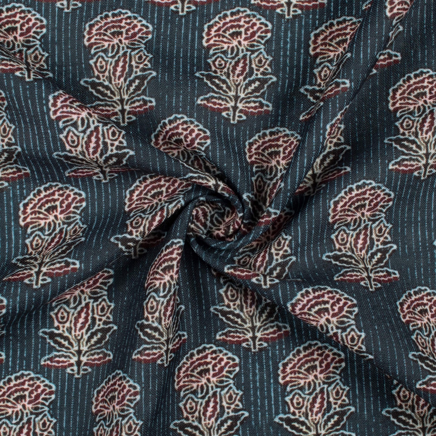 Spruce Blue And Maroon Ajrakh Pattern Digital Print Linen Textured Fabric (Width 56 Inches)