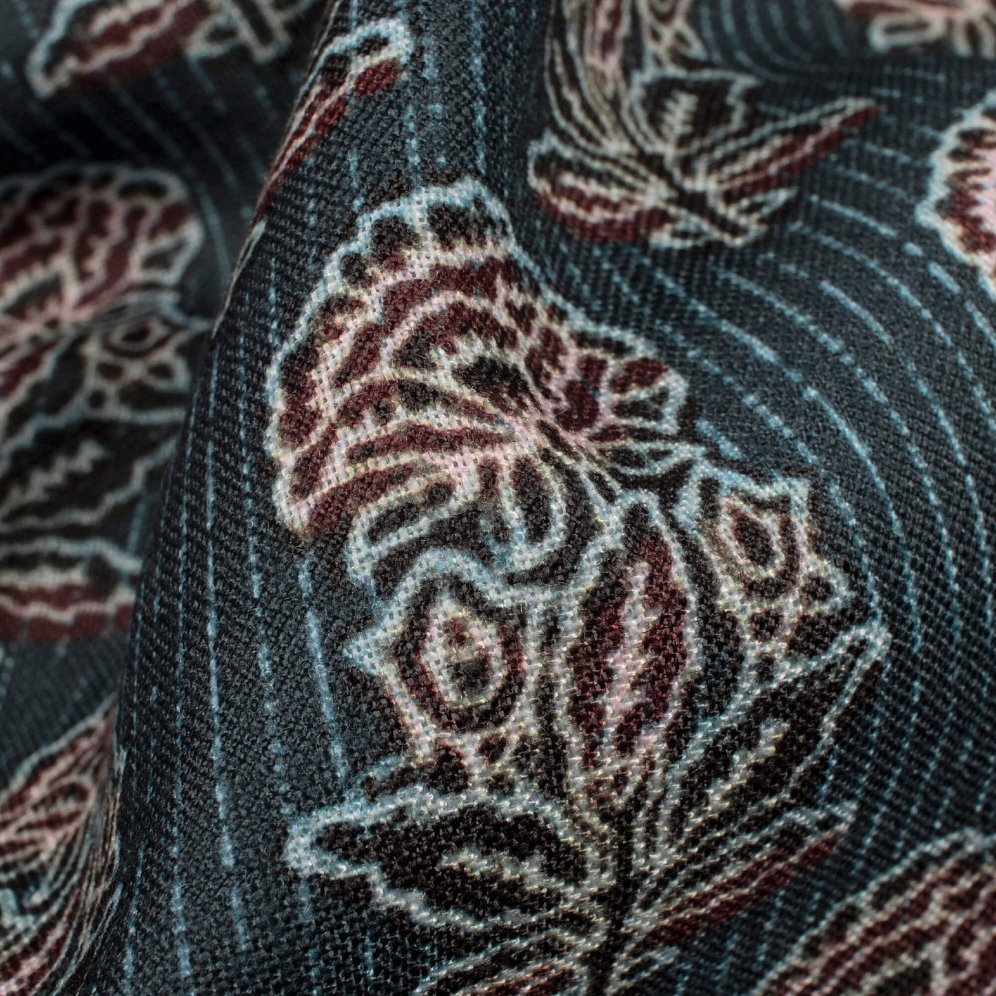 Spruce Blue And Maroon Ajrakh Pattern Digital Print Linen Textured Fabric (Width 56 Inches)