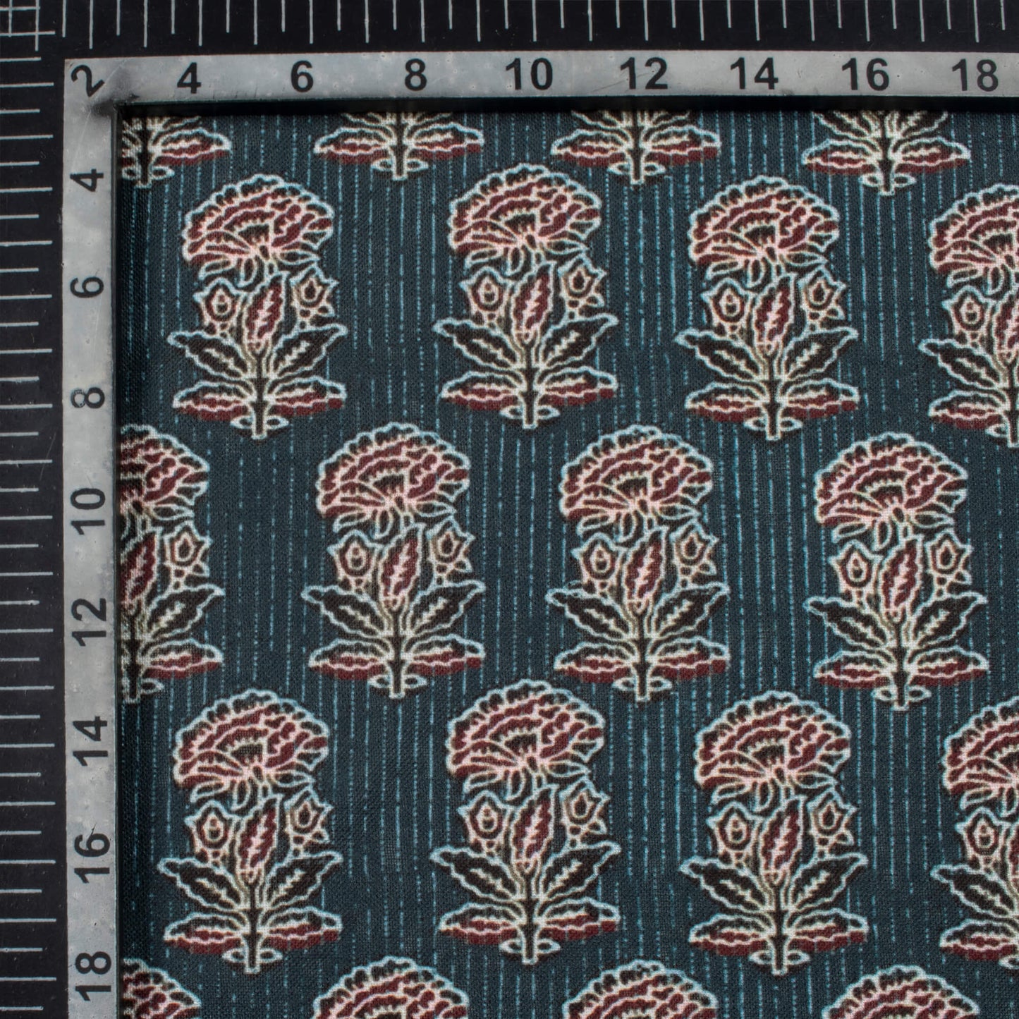 Spruce Blue And Maroon Ajrakh Pattern Digital Print Linen Textured Fabric (Width 56 Inches)