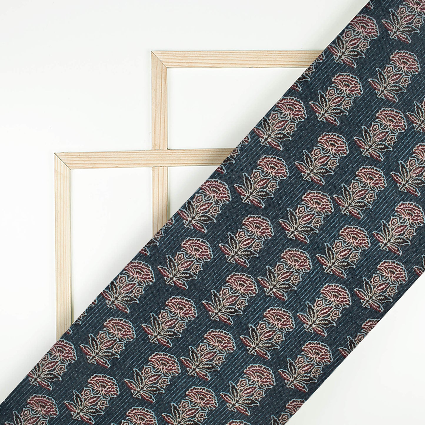 Spruce Blue And Maroon Ajrakh Pattern Digital Print Linen Textured Fabric (Width 56 Inches)