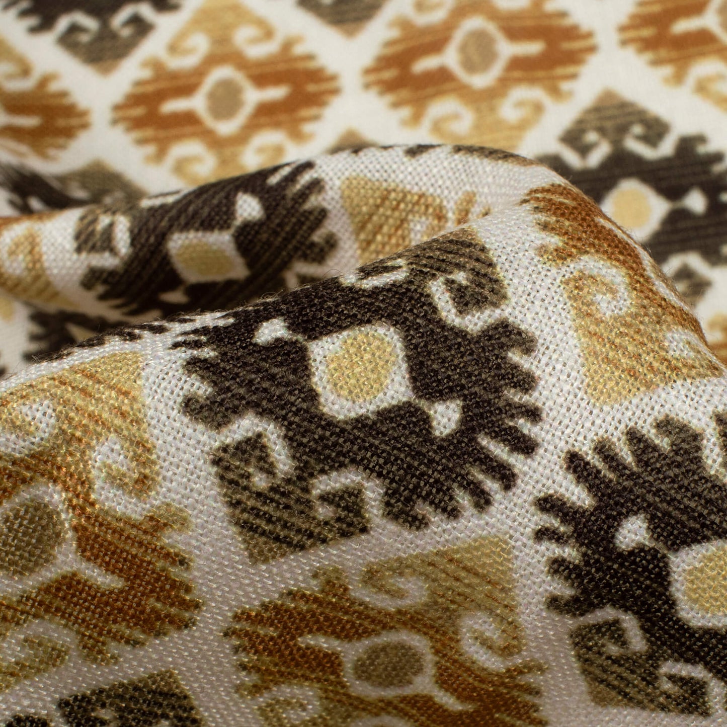 Peanut Brown And Black Traditional Pattern Digital Print Linen Textured Fabric (Width 56 Inches)