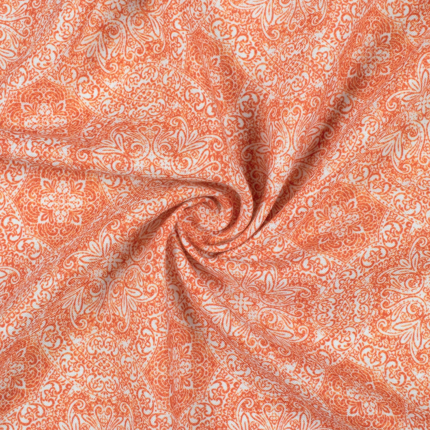 Amber Orange And White Traditional Pattern Digital Print Linen Textured Fabric (Width 56 Inches)