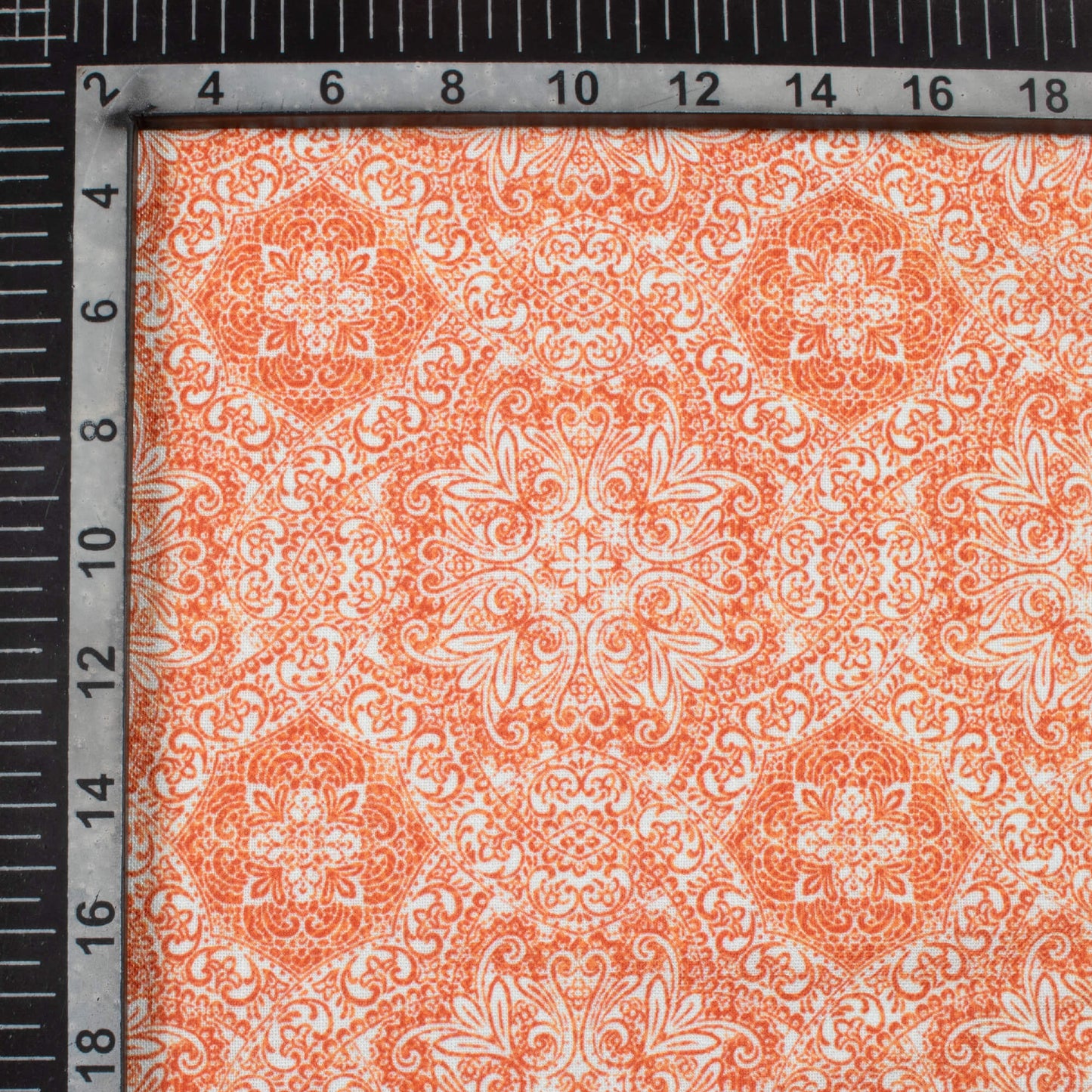 Amber Orange And White Traditional Pattern Digital Print Linen Textured Fabric (Width 56 Inches)