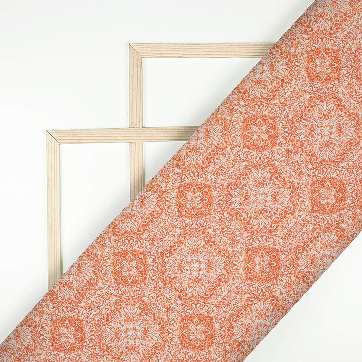 Amber Orange And White Traditional Pattern Digital Print Linen Textured Fabric (Width 56 Inches)