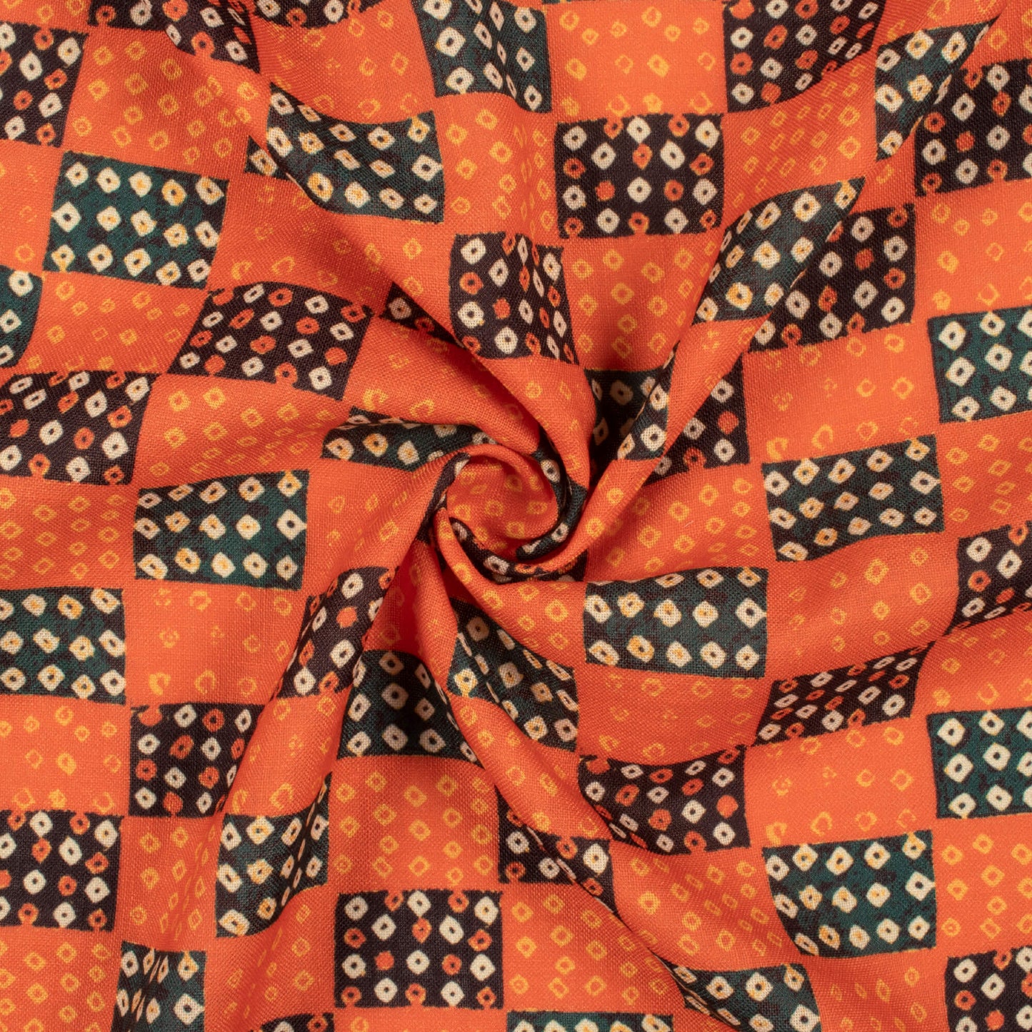 Salamander Orange And Corn Yellow Bandhanii Pattern Digital Print Linen Textured Fabric (Width 56 Inches)