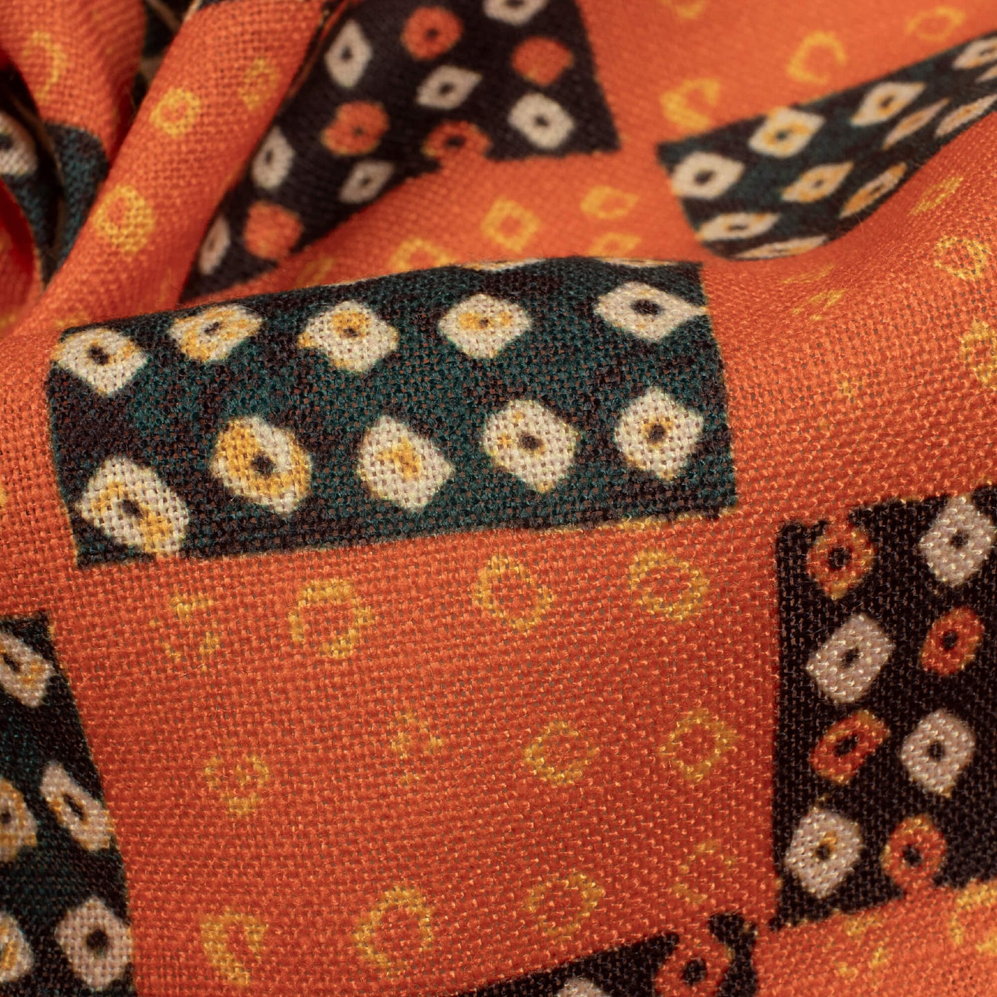 Salamander Orange And Corn Yellow Bandhanii Pattern Digital Print Linen Textured Fabric (Width 56 Inches)