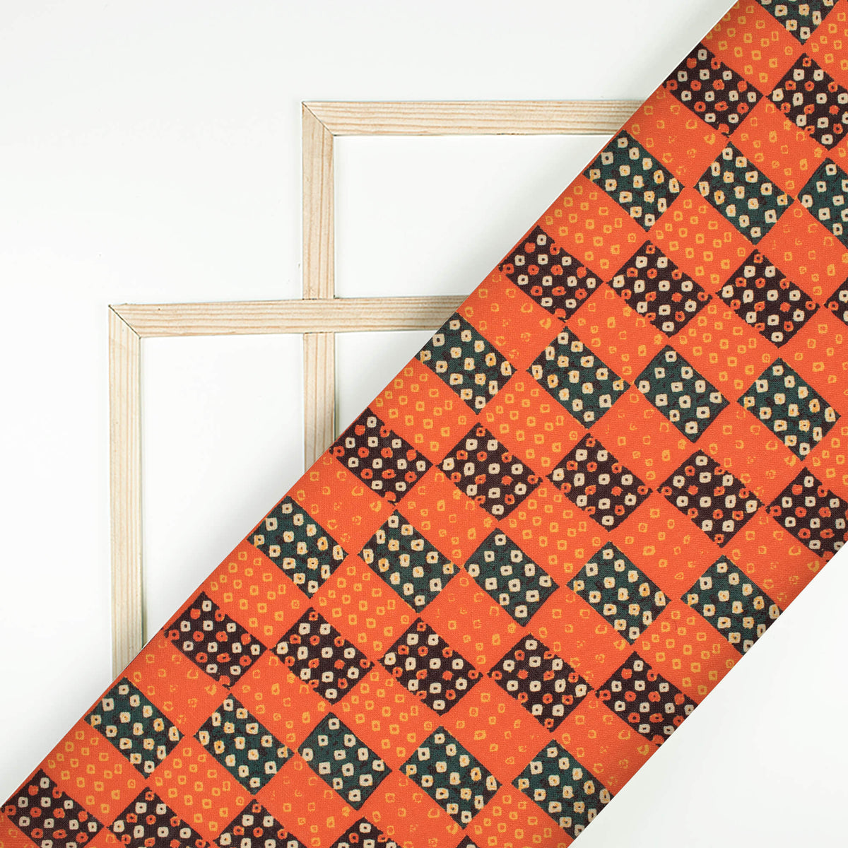 Salamander Orange And Corn Yellow Bandhani Pattern Digital Print Linen Textured Fabric (Width 56 Inches)