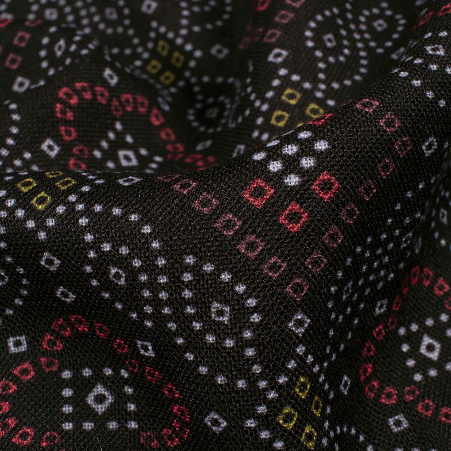 Black And Blood Red Bandhanii Pattern Digital Print Linen Textured Fabric (Width 56 Inches)