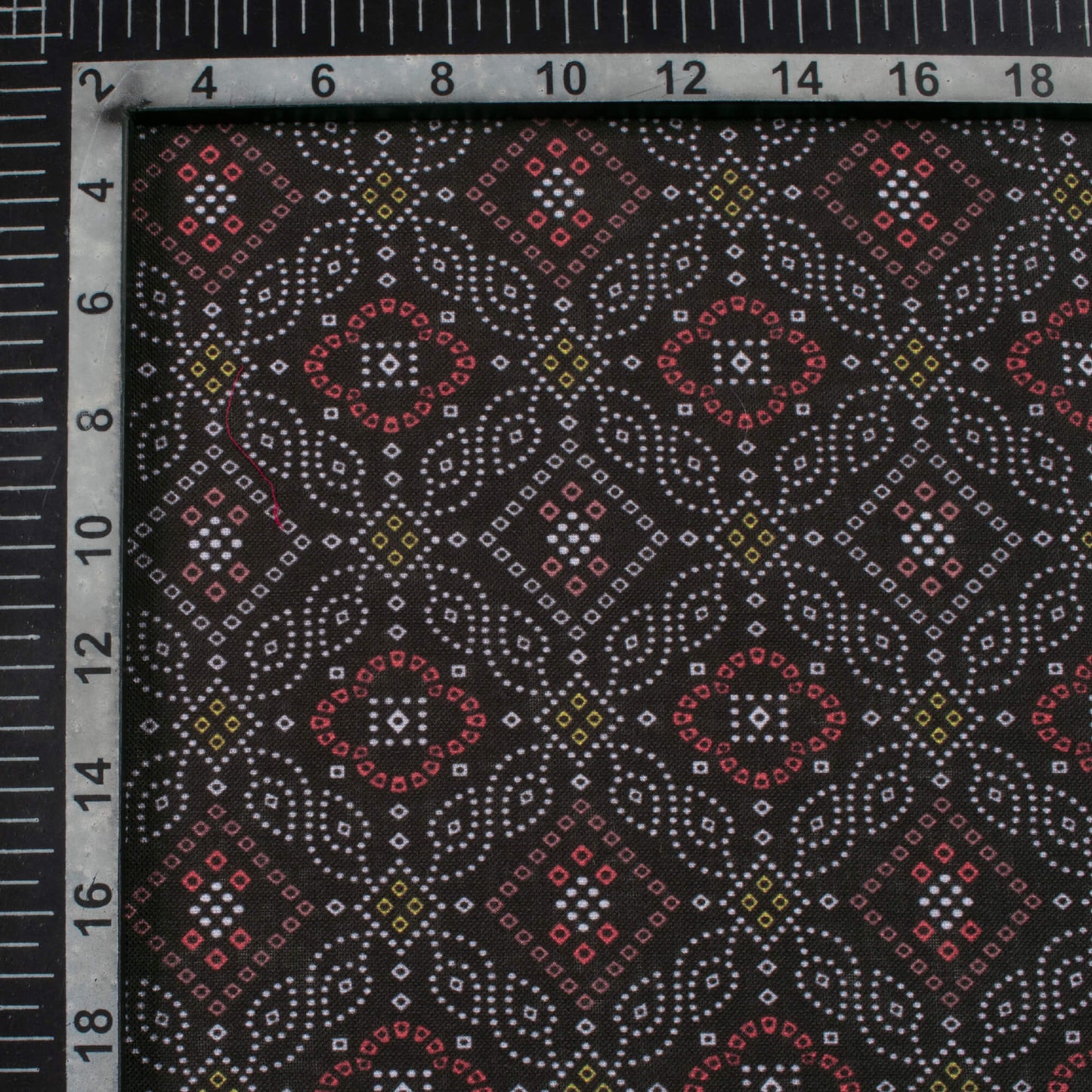 Black And Blood Red Bandhanii Pattern Digital Print Linen Textured Fabric (Width 56 Inches)