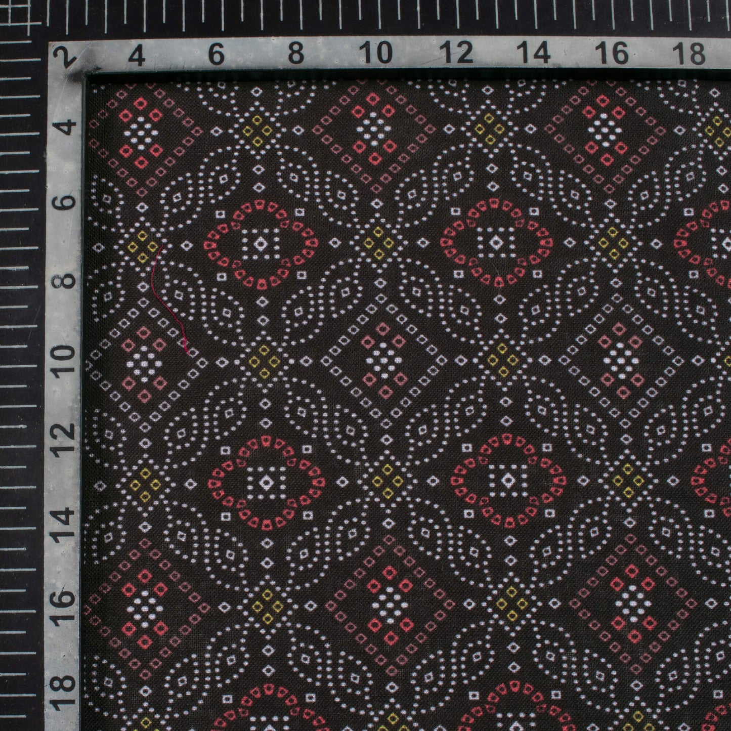 Black And Blood Red Bandhani Pattern Digital Print Linen Textured Fabric (Width 56 Inches)