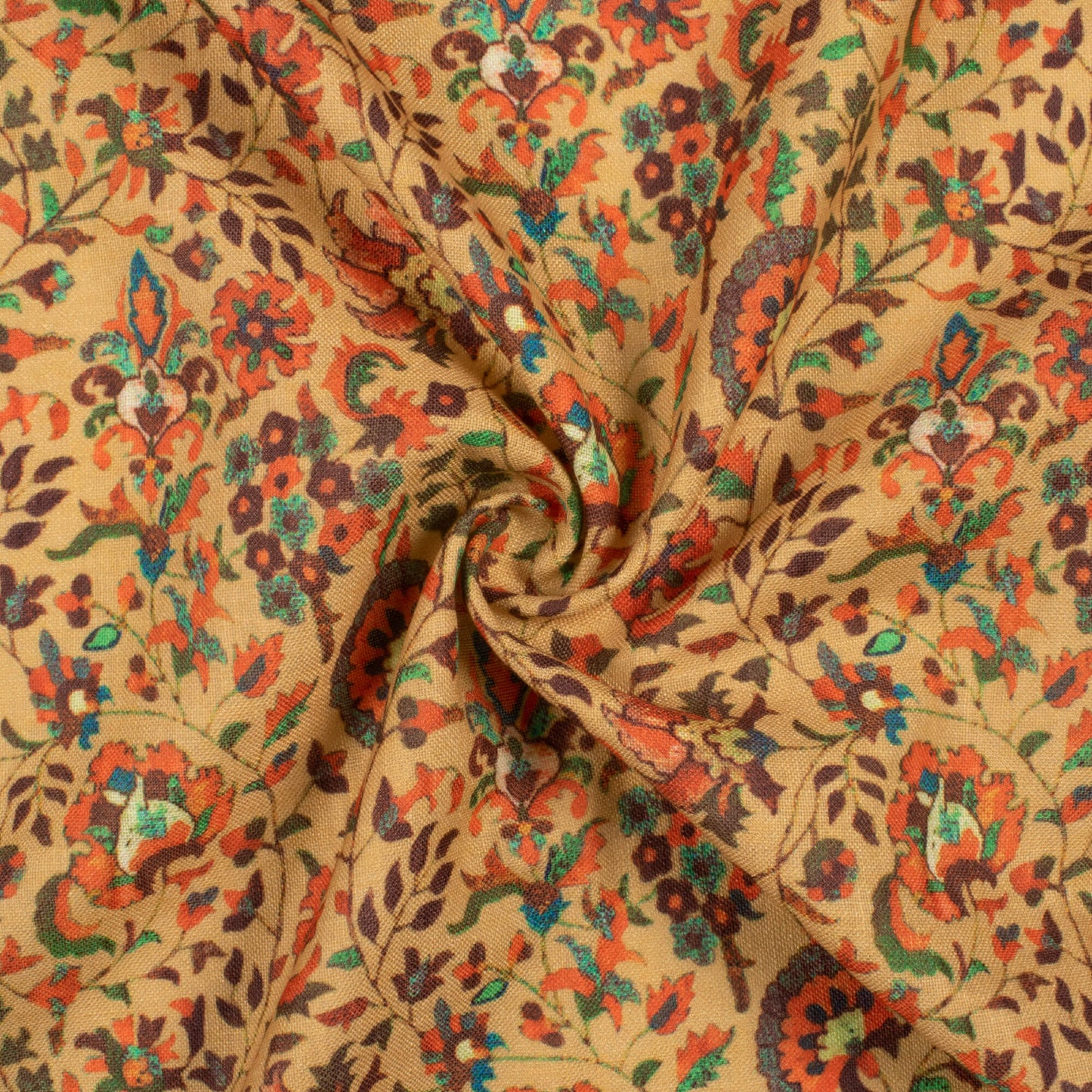 Ochre Yellow And Orange Floral Pattern Digital Print Linen Textured Fabric (Width 56 Inches)