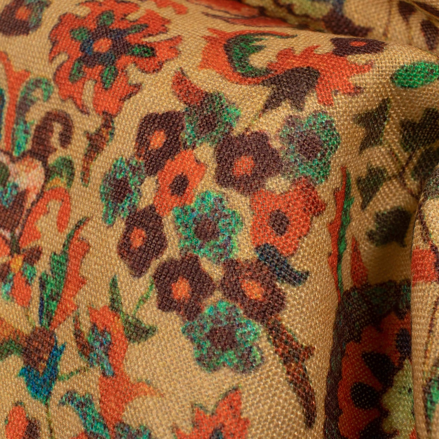 Ochre Yellow And Orange Floral Pattern Digital Print Linen Textured Fabric (Width 56 Inches)