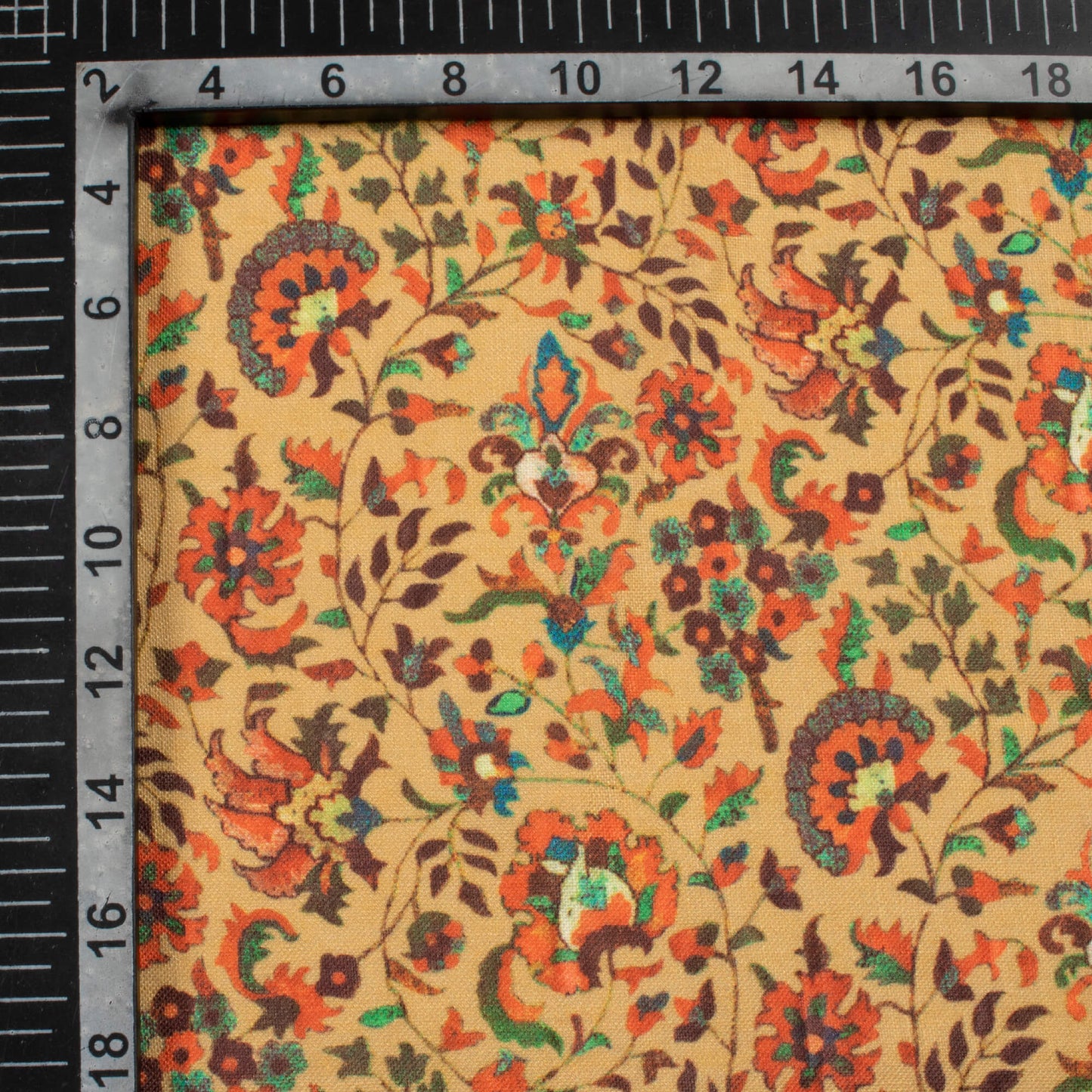 Ochre Yellow And Orange Floral Pattern Digital Print Linen Textured Fabric (Width 56 Inches)