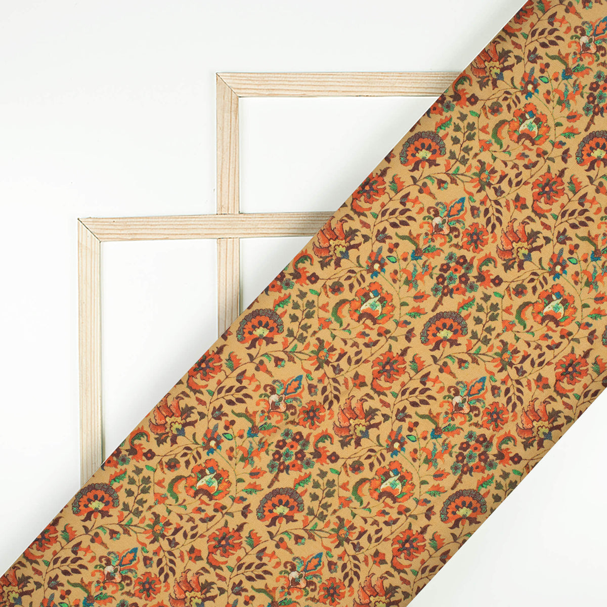 Ochre Yellow And Orange Floral Pattern Digital Print Linen Textured Fabric (Width 56 Inches)