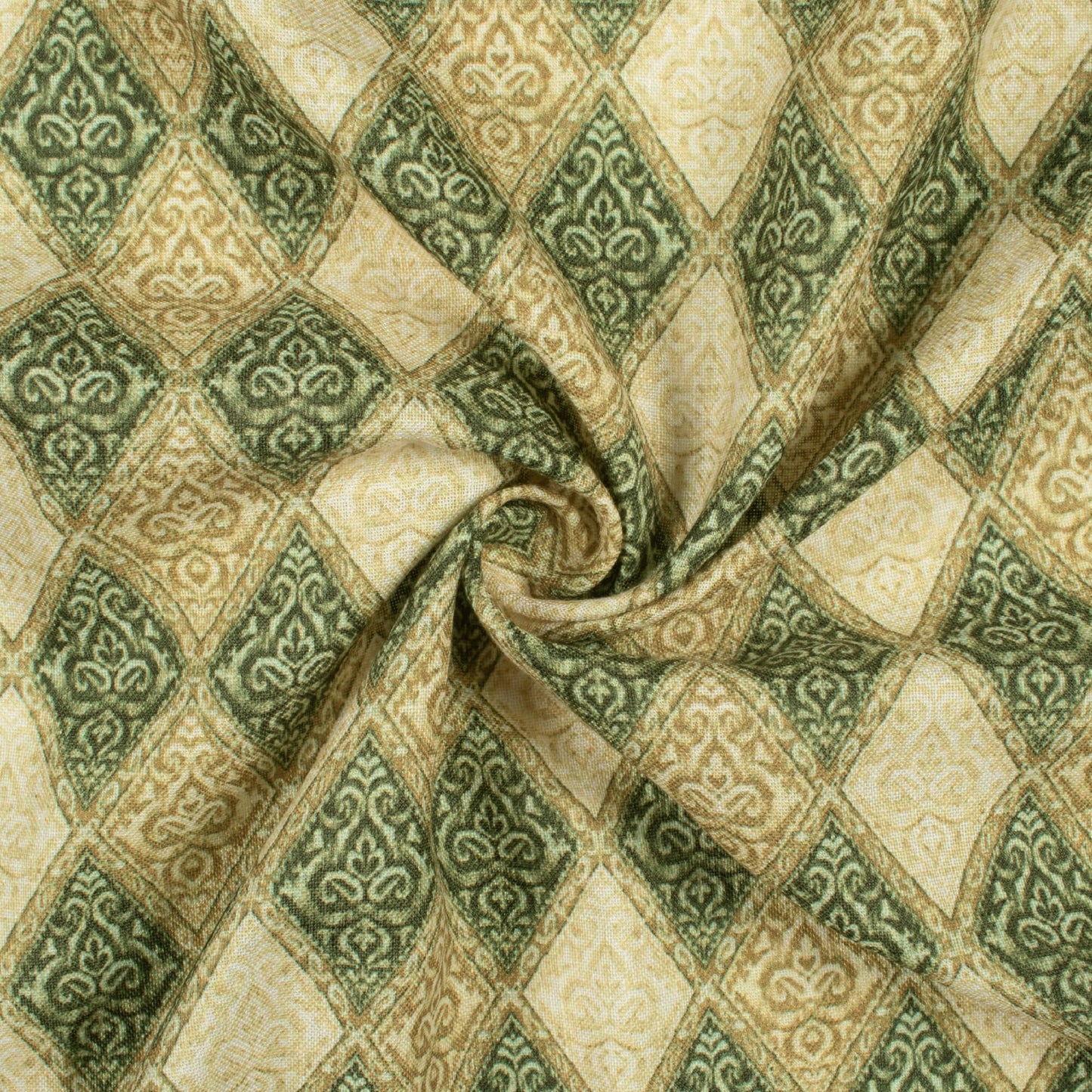 Olive Green Traditional Pattern Digital Print Linen Textured Fabric (Width 56 Inches)