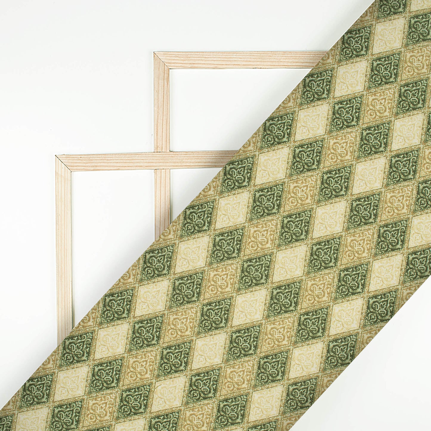 Olive Green Traditional Pattern Digital Print Linen Textured Fabric (Width 56 Inches)