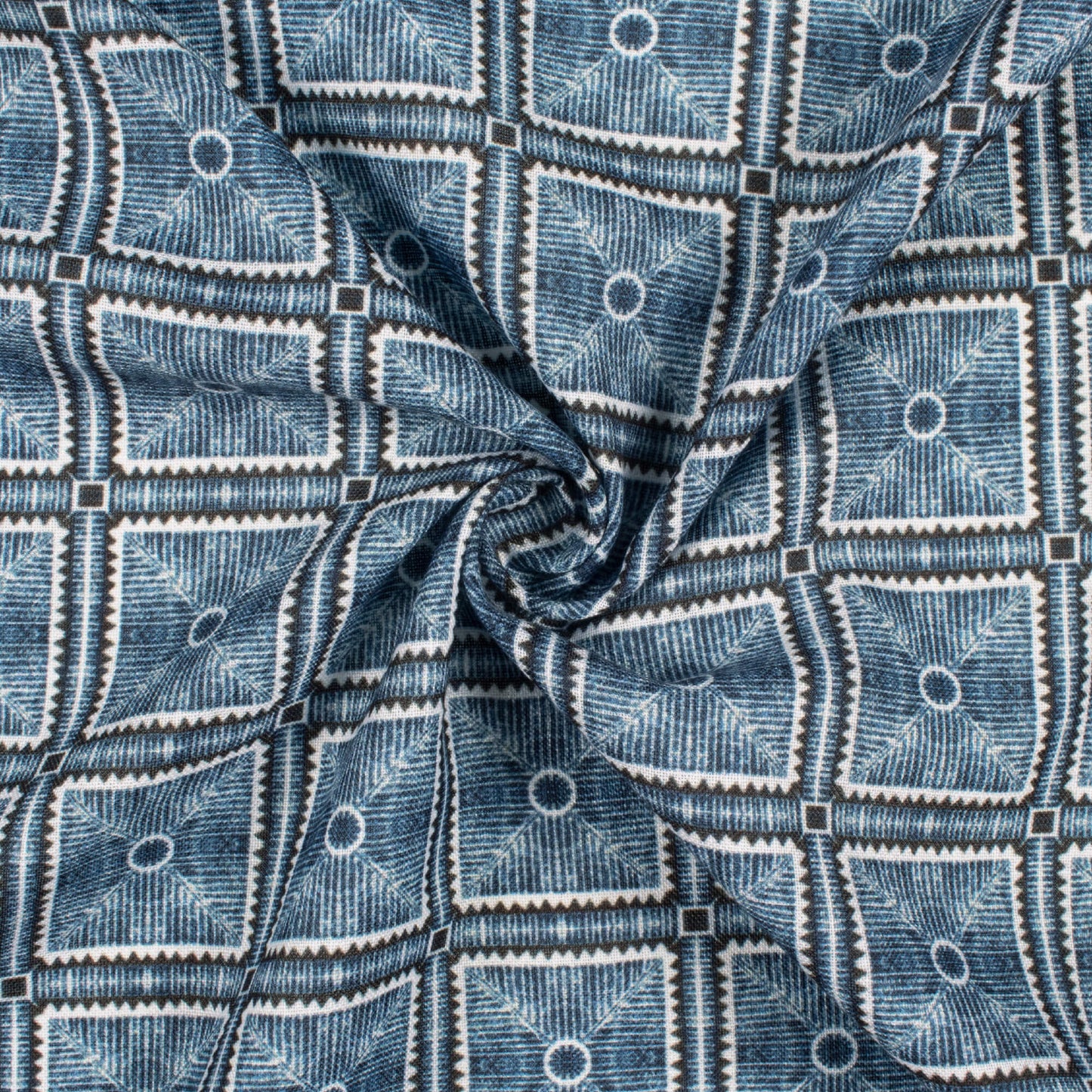 Spruce Blue Geometric Pattern Digital Print Linen Textured Fabric (Width 56 Inches)