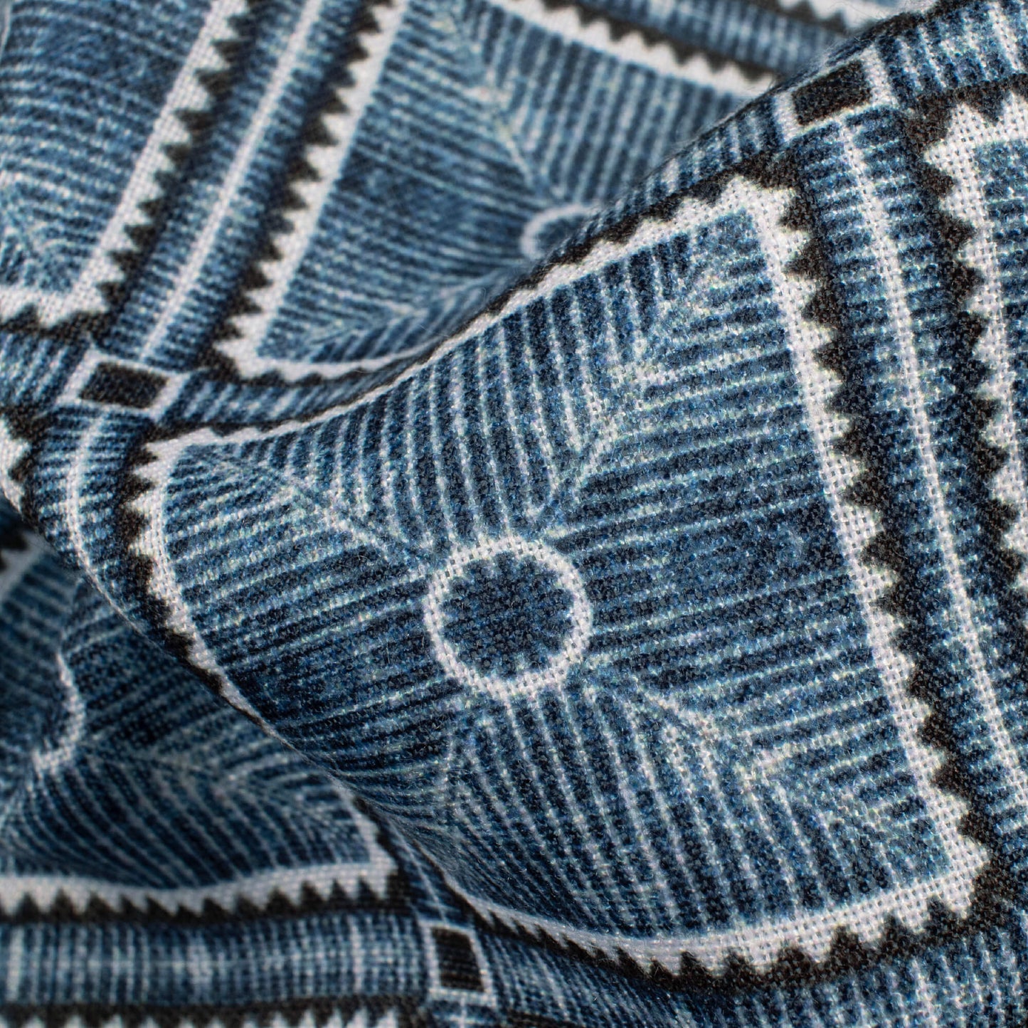 Spruce Blue Geometric Pattern Digital Print Linen Textured Fabric (Width 56 Inches)