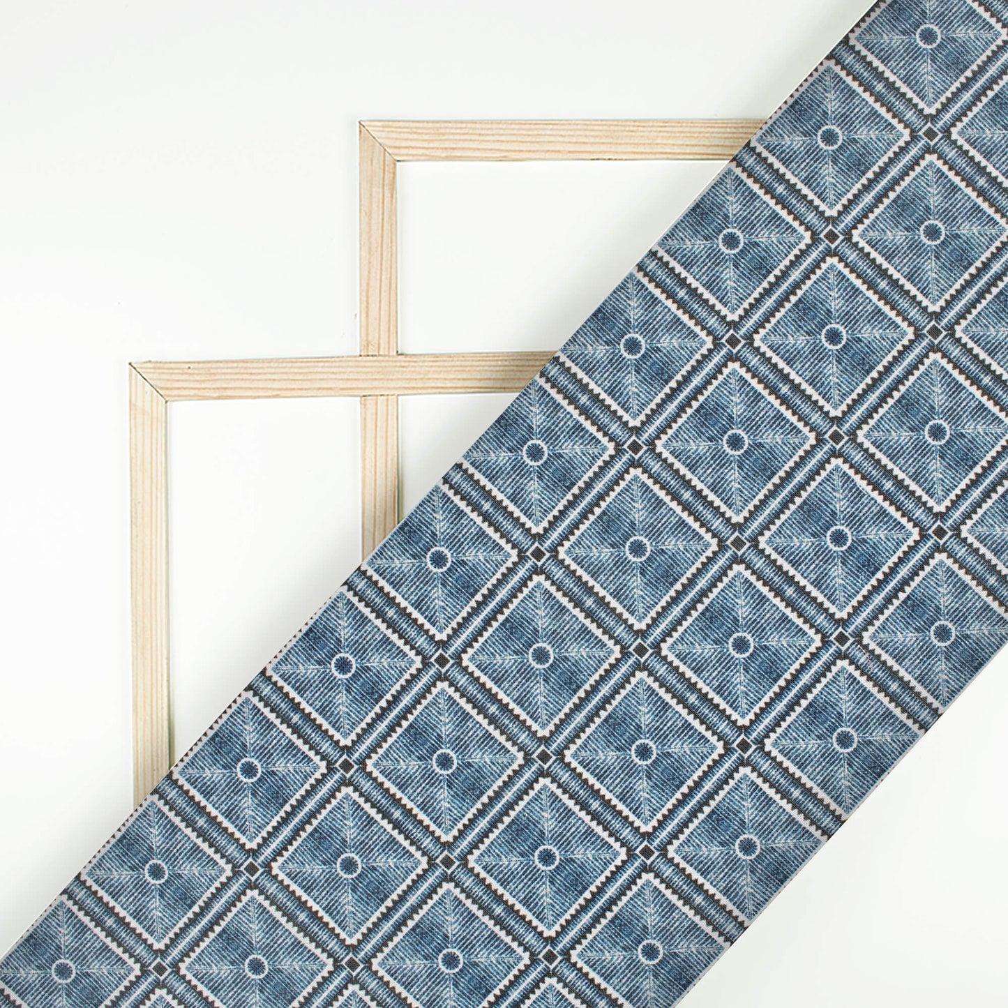 Spruce Blue Geometric Pattern Digital Print Linen Textured Fabric (Width 56 Inches)