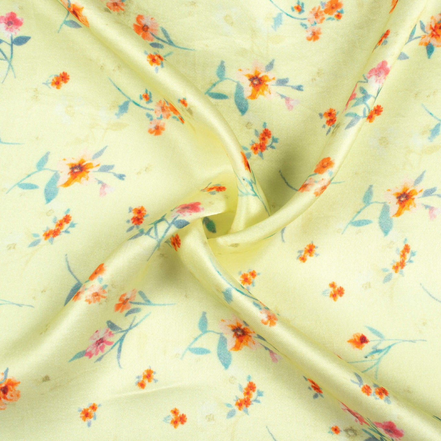 Lemon Yellow And Orange Floral Pattern Digital Print Viscose Gaji Silk Fabric