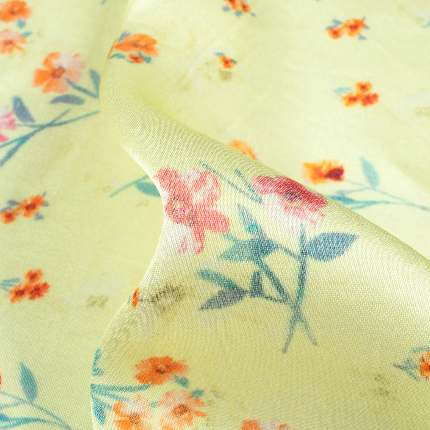 Lemon Yellow And Orange Floral Pattern Digital Print Viscose Gaji Silk Fabric