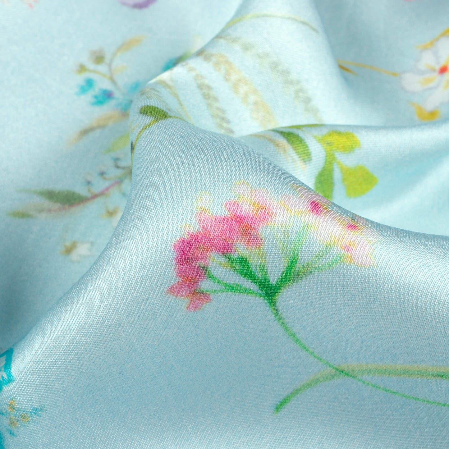 Light Blue And Purple Floral Pattern Digital Print Viscose Gaji Silk Fabric