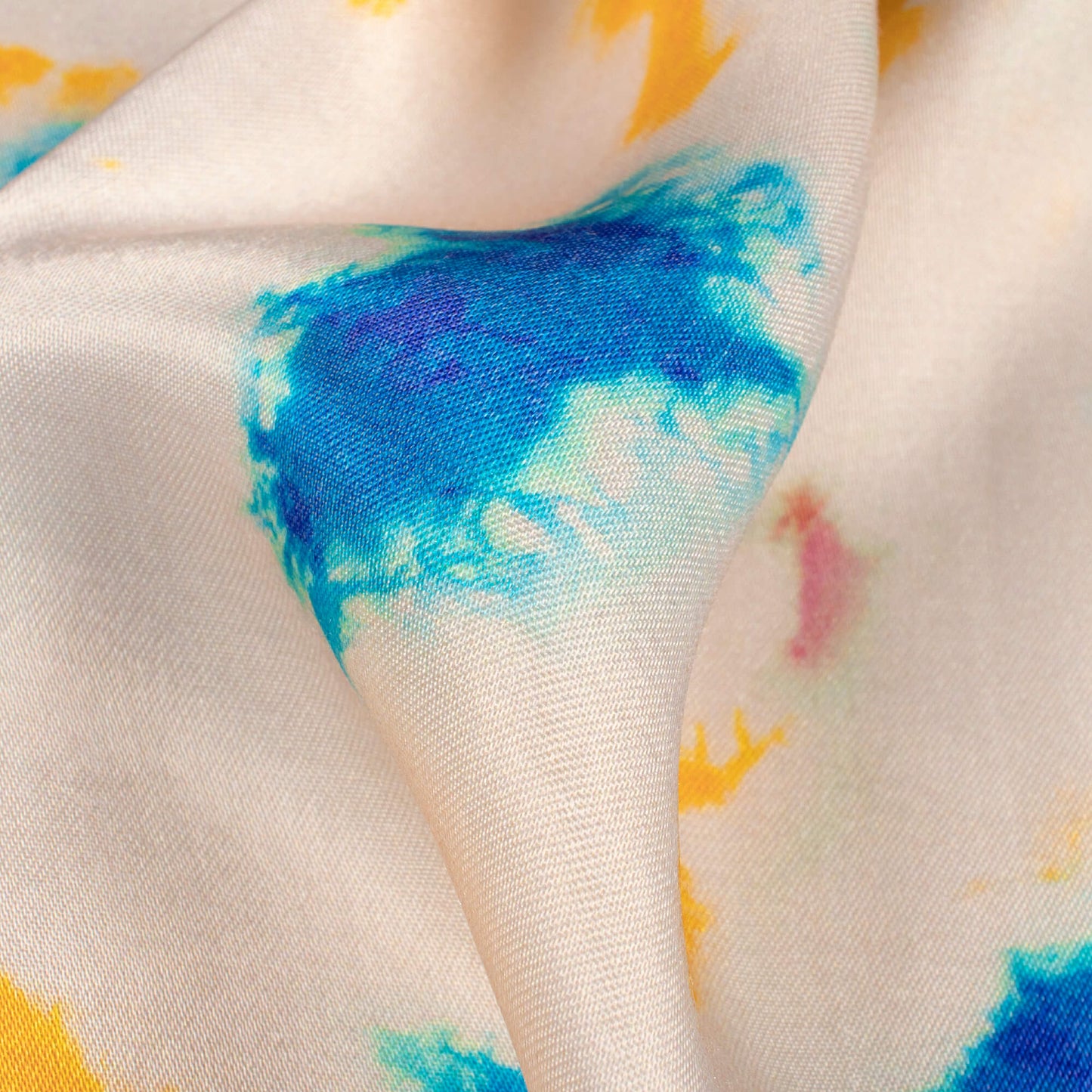 Oat Beige And Blue Tie & Dye Pattern Digital Print Viscose Gaji Silk Fabric