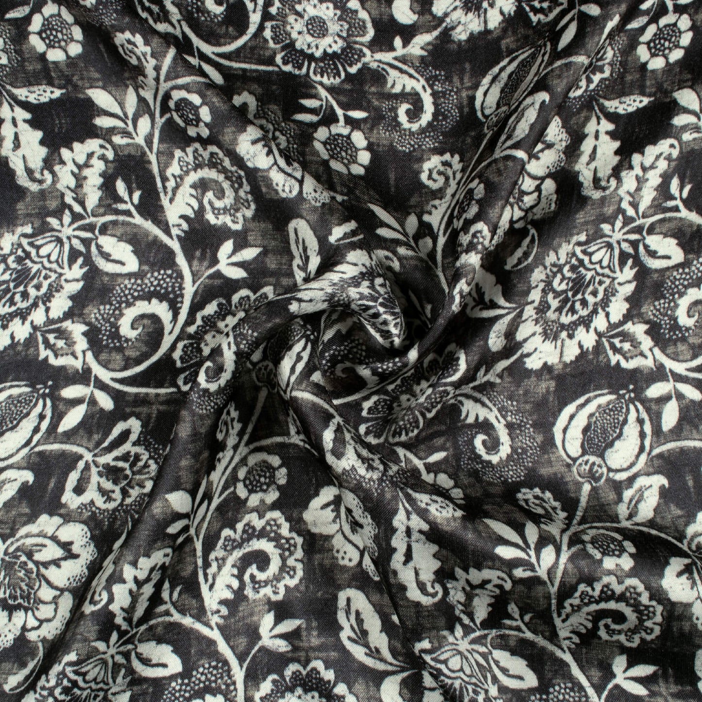 Black And White Floral Pattern Digital Print Viscose Gaji Silk Fabric