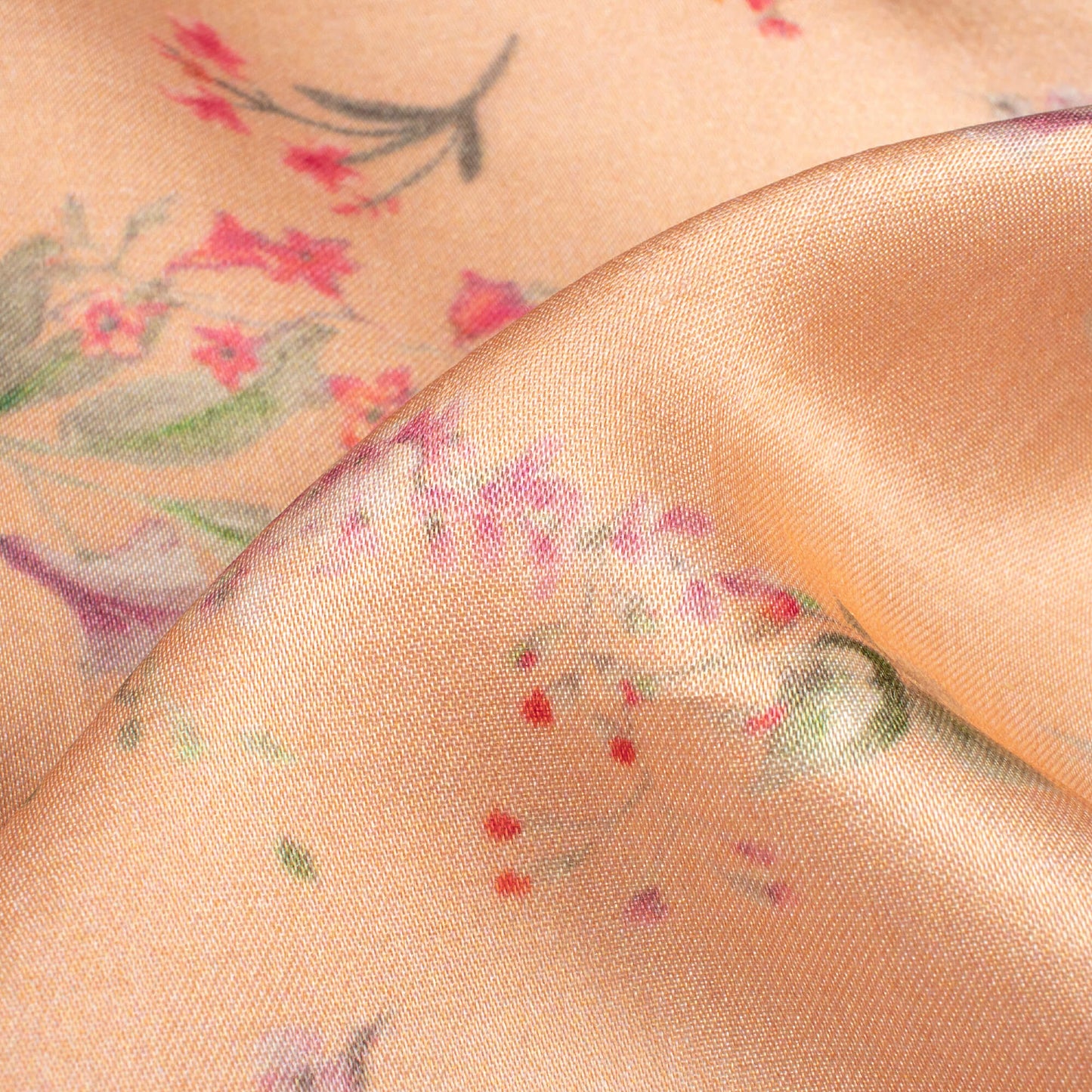 Pastel Orange And Red Floral Pattern Digital Print Viscose Gaji Silk Fabric