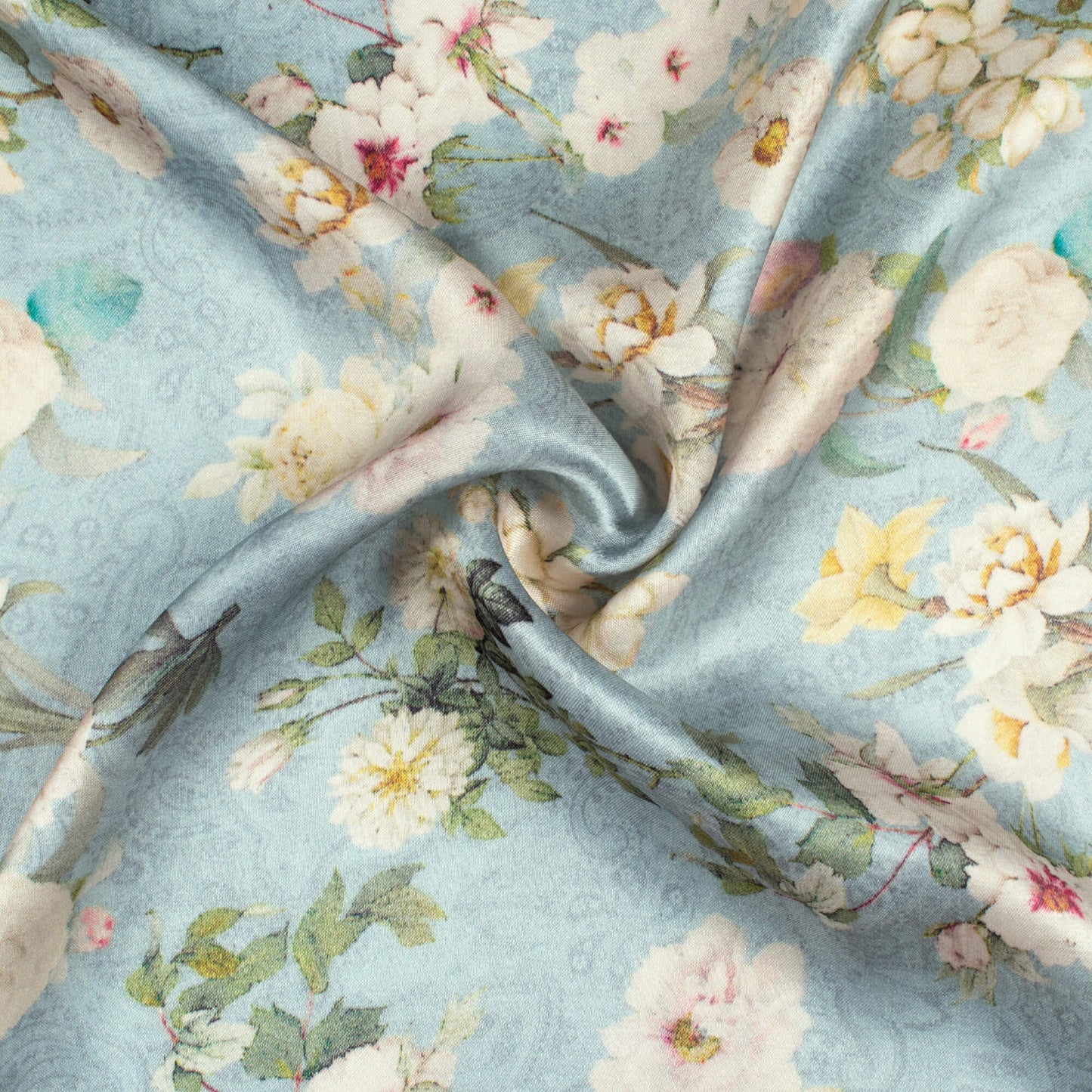 Stone Blue And Cream Floral Pattern Digital Print Viscose Gaji Silk Fabric