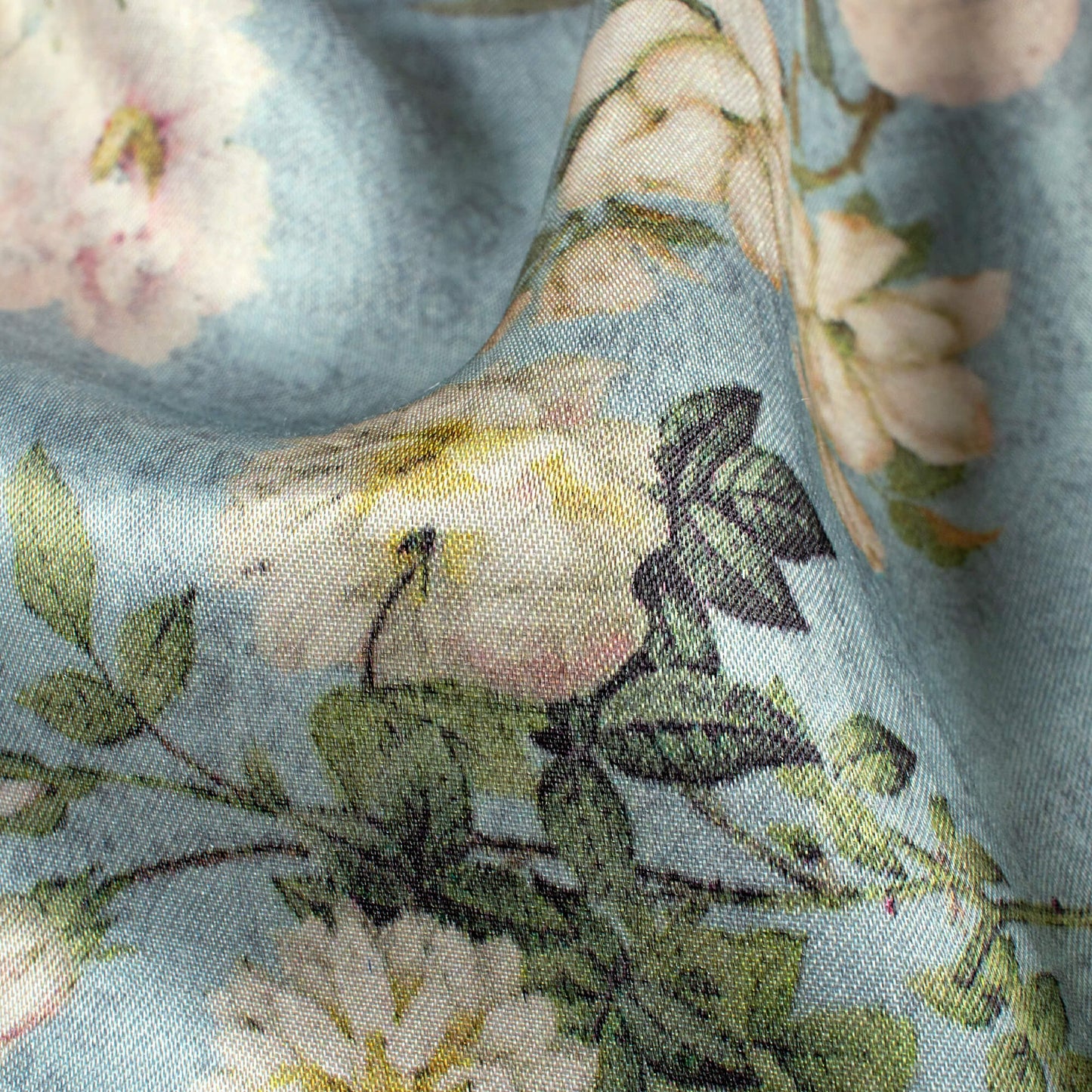 Stone Blue And Cream Floral Pattern Digital Print Viscose Gaji Silk Fabric