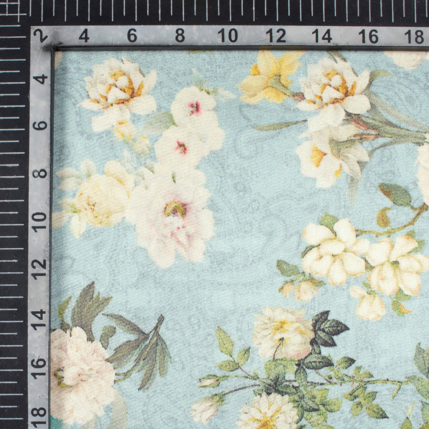 Stone Blue And Cream Floral Pattern Digital Print Viscose Gaji Silk Fabric