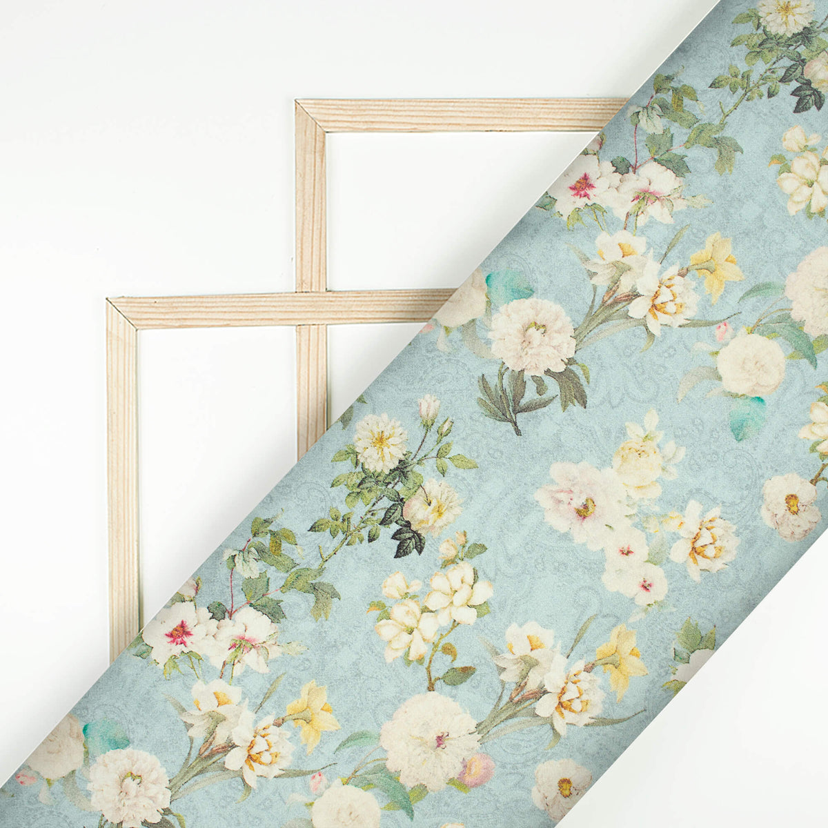 Stone Blue And Cream Floral Pattern Digital Print Viscose Gaji Silk Fabric