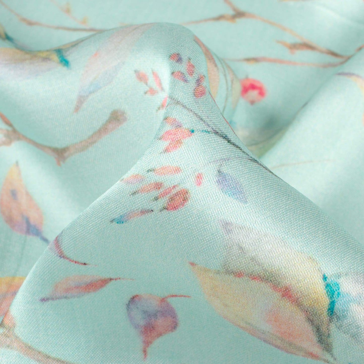 Blizzard Blue And Red Leaf Pattern Digital Print Viscose Gaji Silk Fabric